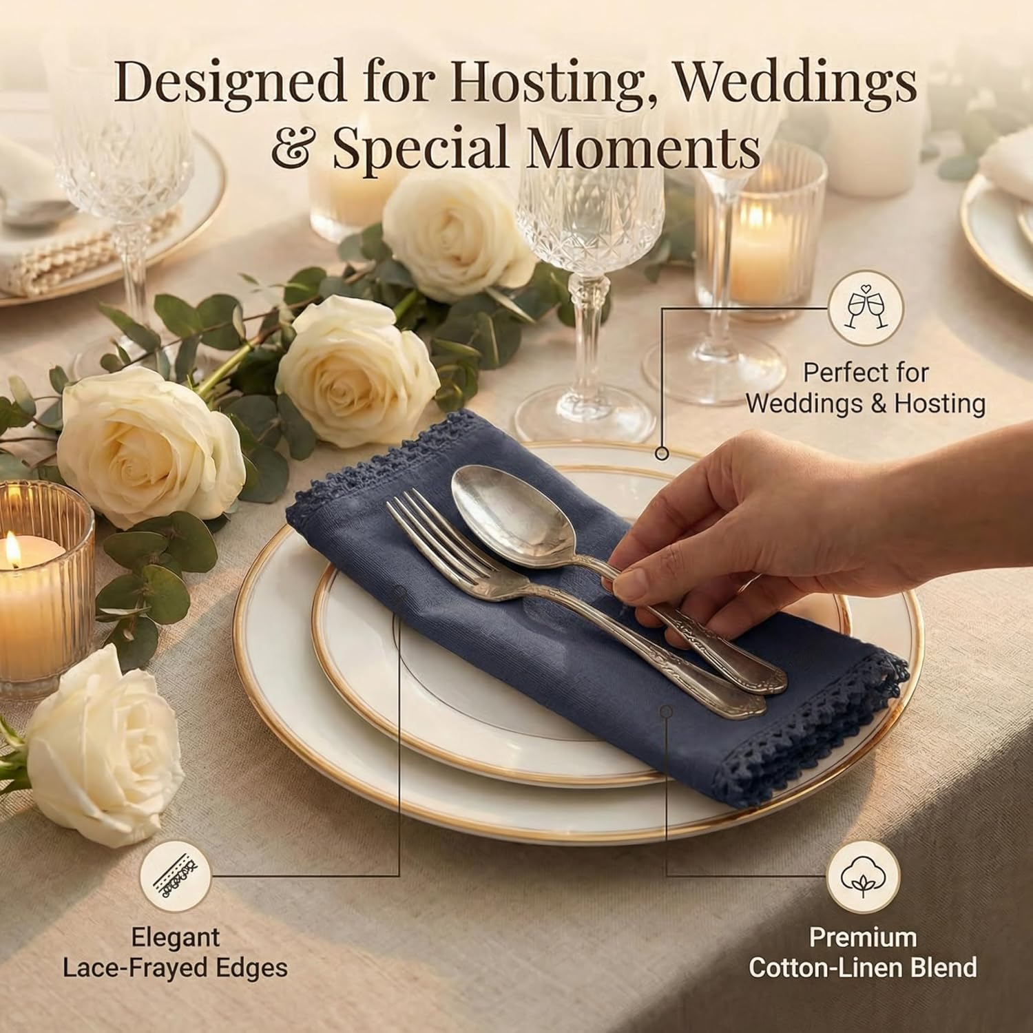 ACCENTHOME Navy Cloth Napkins Set of 12 18x18 inch Cotton Dinner Napkins - Washable Soft Premium Hotel Quality Reusable