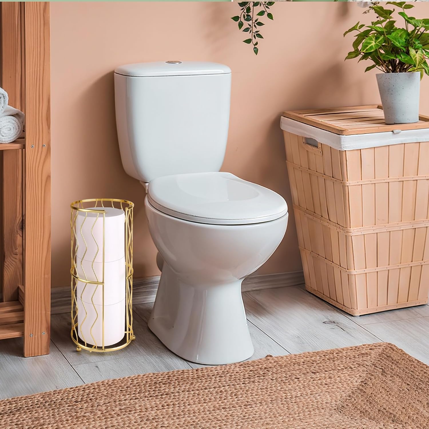 Decorative Metal Standing Toilet Tissue Holder for Bathroom/Powder Room, Compact Tissue Reserve for 3 Rolls of Toilet