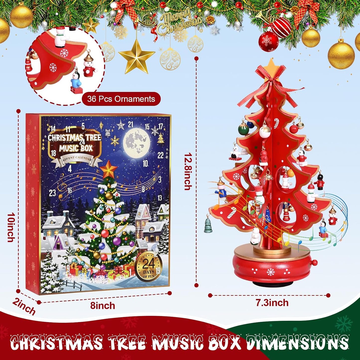 Uspring Christmas 24 Days Countdown Advent Calendar 2025, Musical Wooden Christmas Tree with Classic Music Box and 36