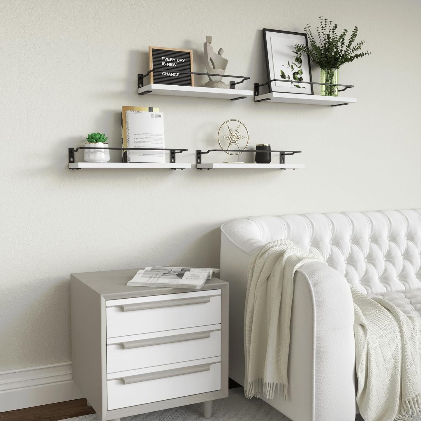 RICHER HOUSE White Bathroom Floating Wall Shelf Set of 4, Small Organizer Over Toilet Storage, Guard-Rail Kitchen