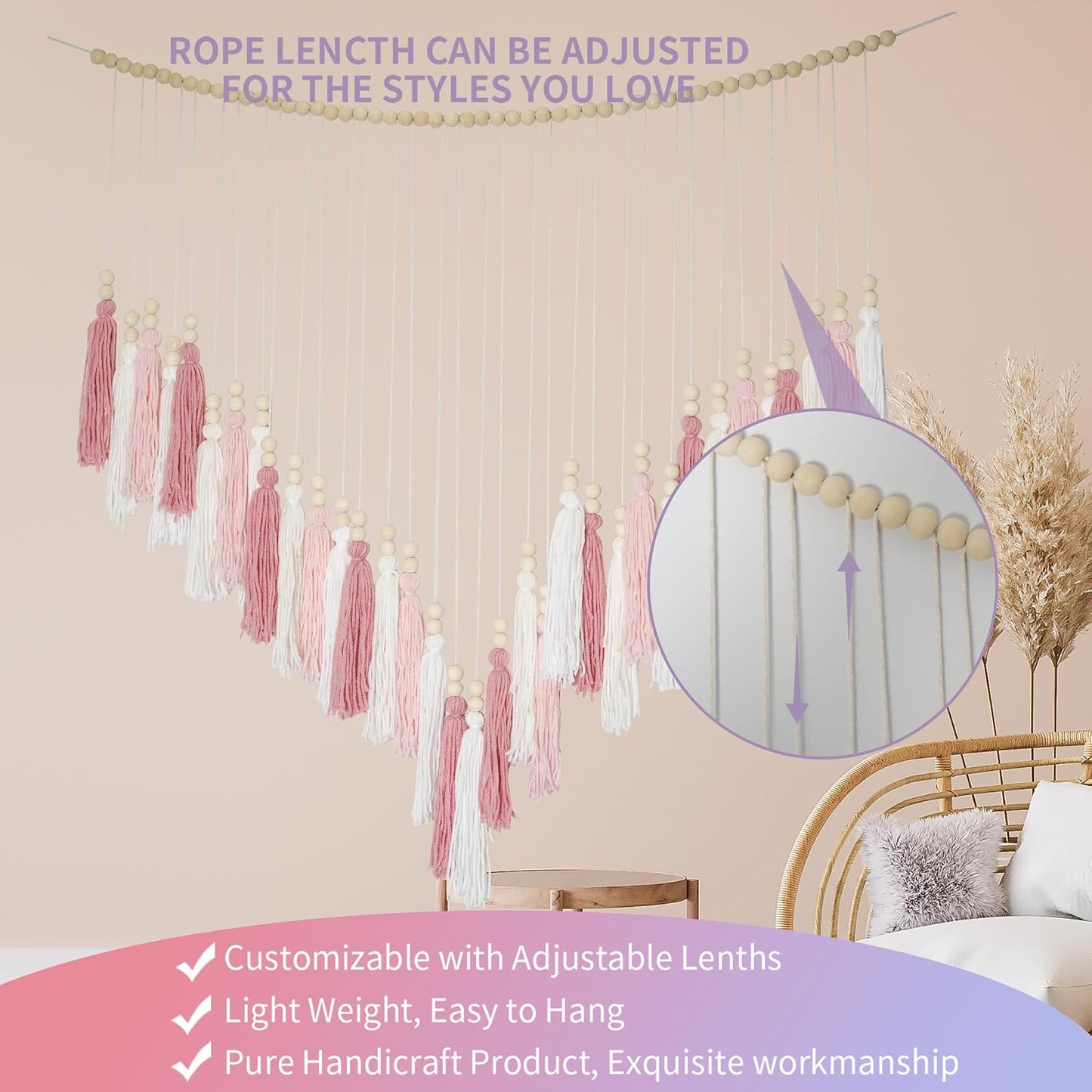 Pink&White Large Macrame Wall Haning Boho Decor / Blush Pink, Lights Pink, White