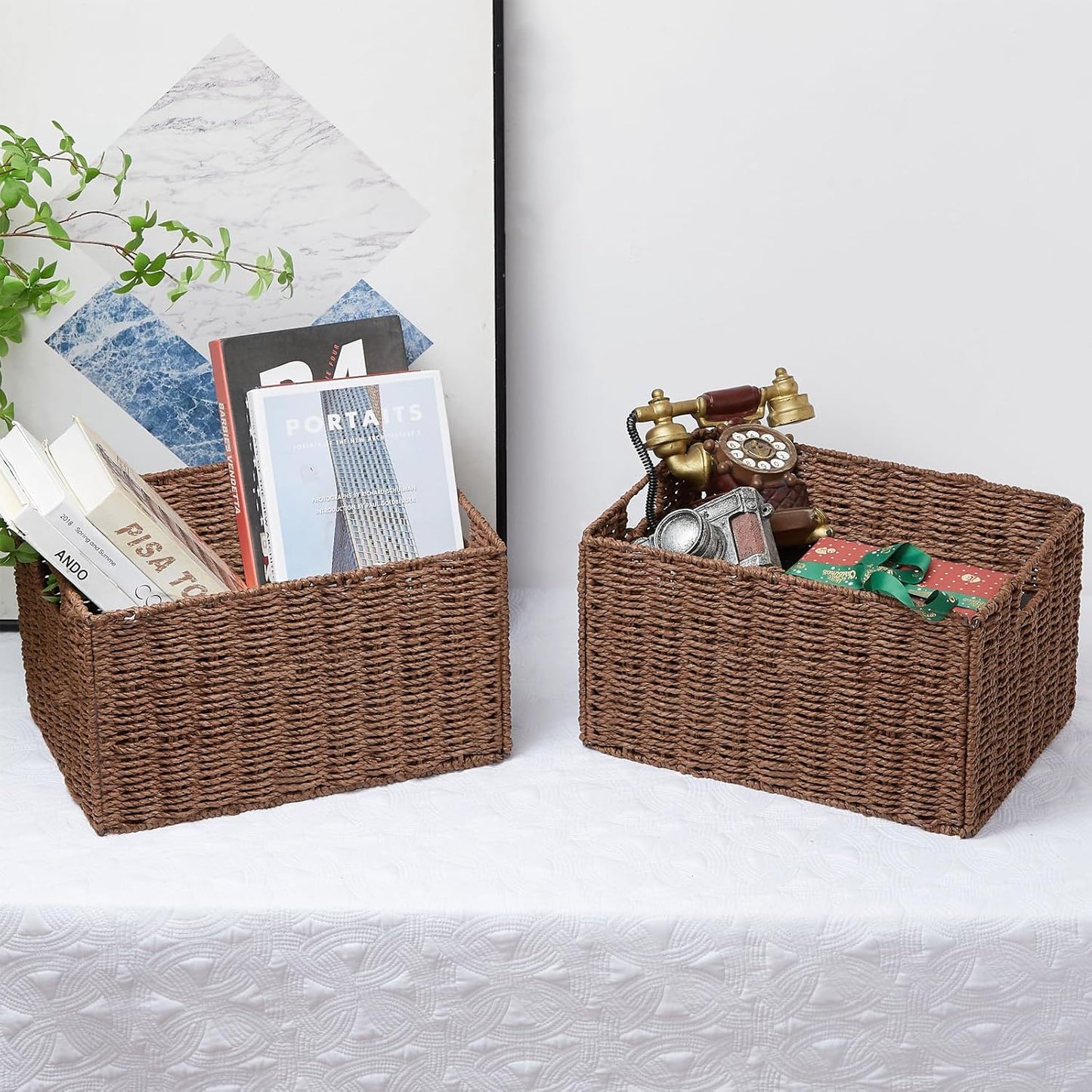 Wicker Storage Basket / Brown / 15.2"D x 10"W x 8.6"H / Set of 2