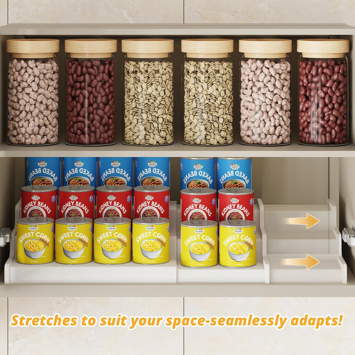 3-Tier Expandable Bamboo Can Organizer for Pantry, Holds 24 Cans, White | Adjustable Can Storage Rack for Kitchen