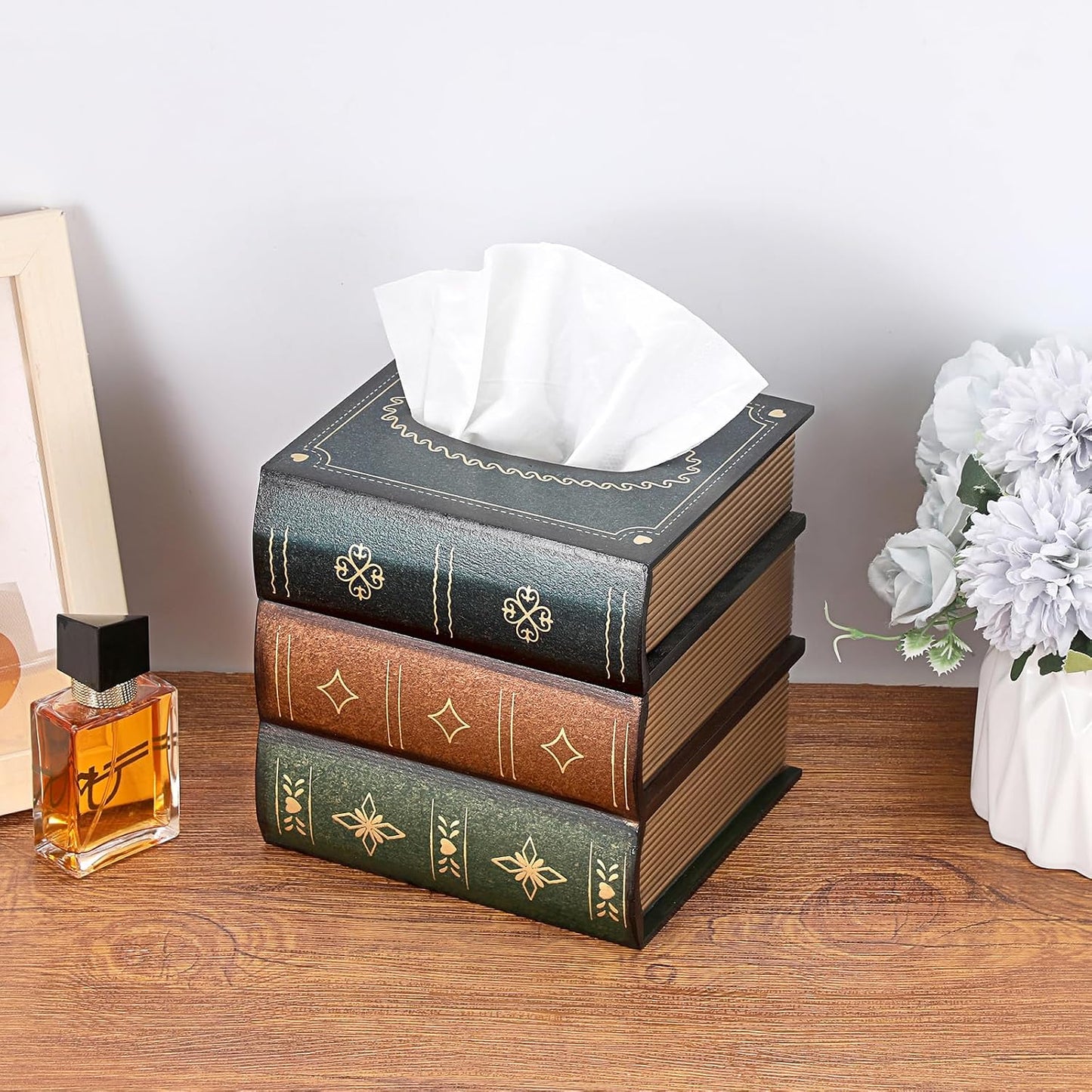Antique Wooden Book Tissue Holder / Green Lid