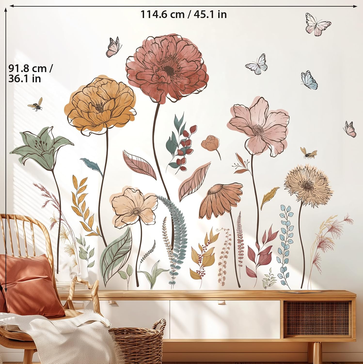 Boho Flowers Wall Decals Peel and Stick Wildflower Floral Dandelion Grass Plants for Baby Nursery