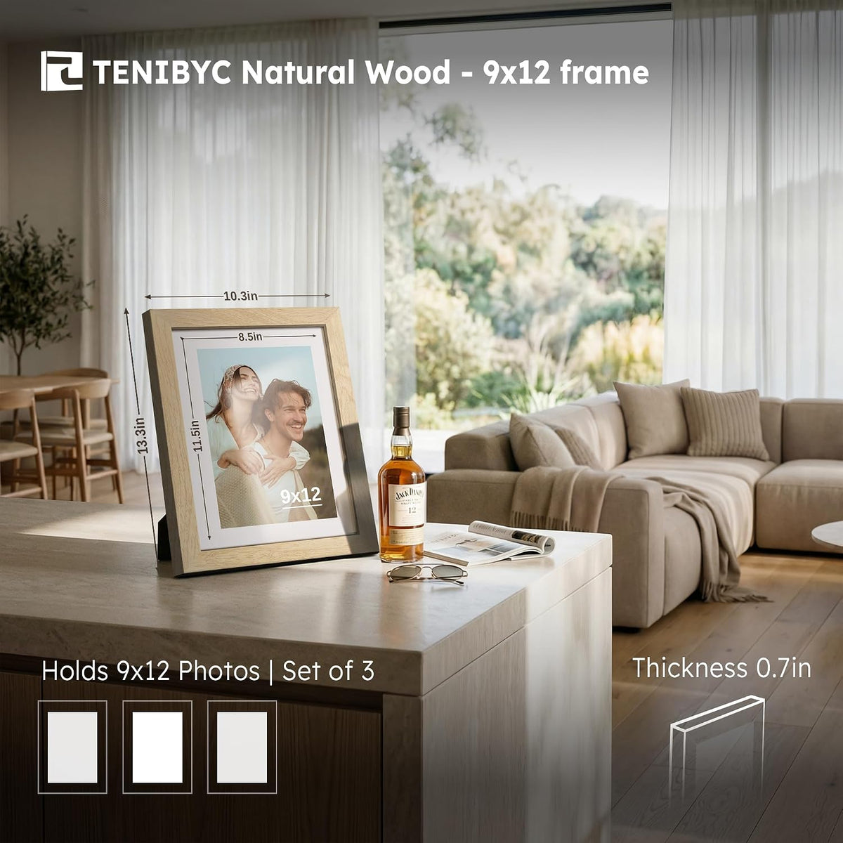 9x12 picture frame 3 Pack, Natural Wood, Real Glass, for Photos | Thick HD Tempered Glass, Tabletop or Wall Hanging