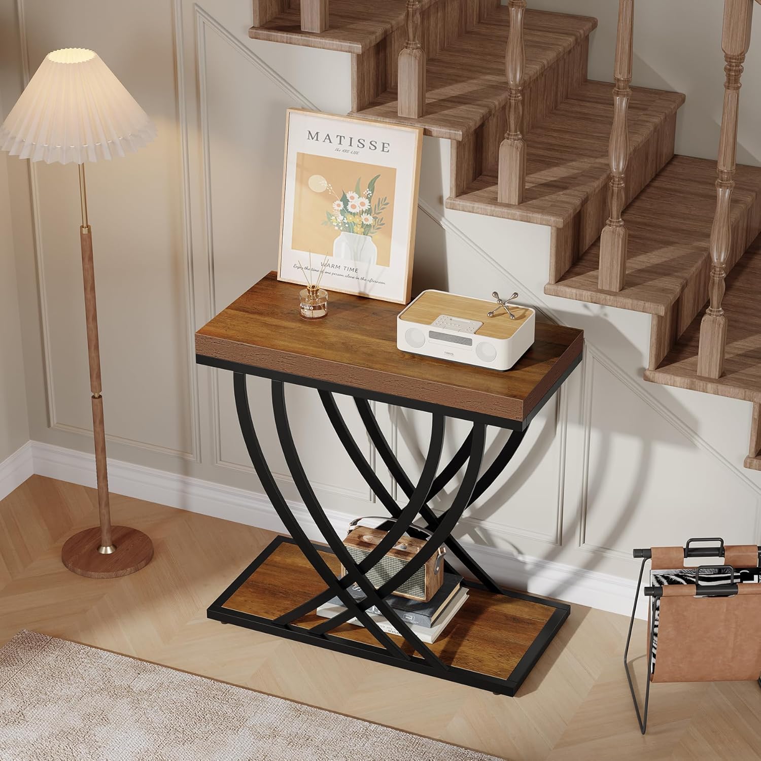 Metal Frame / 2-Tier Narrow End Table / Rustic Brown