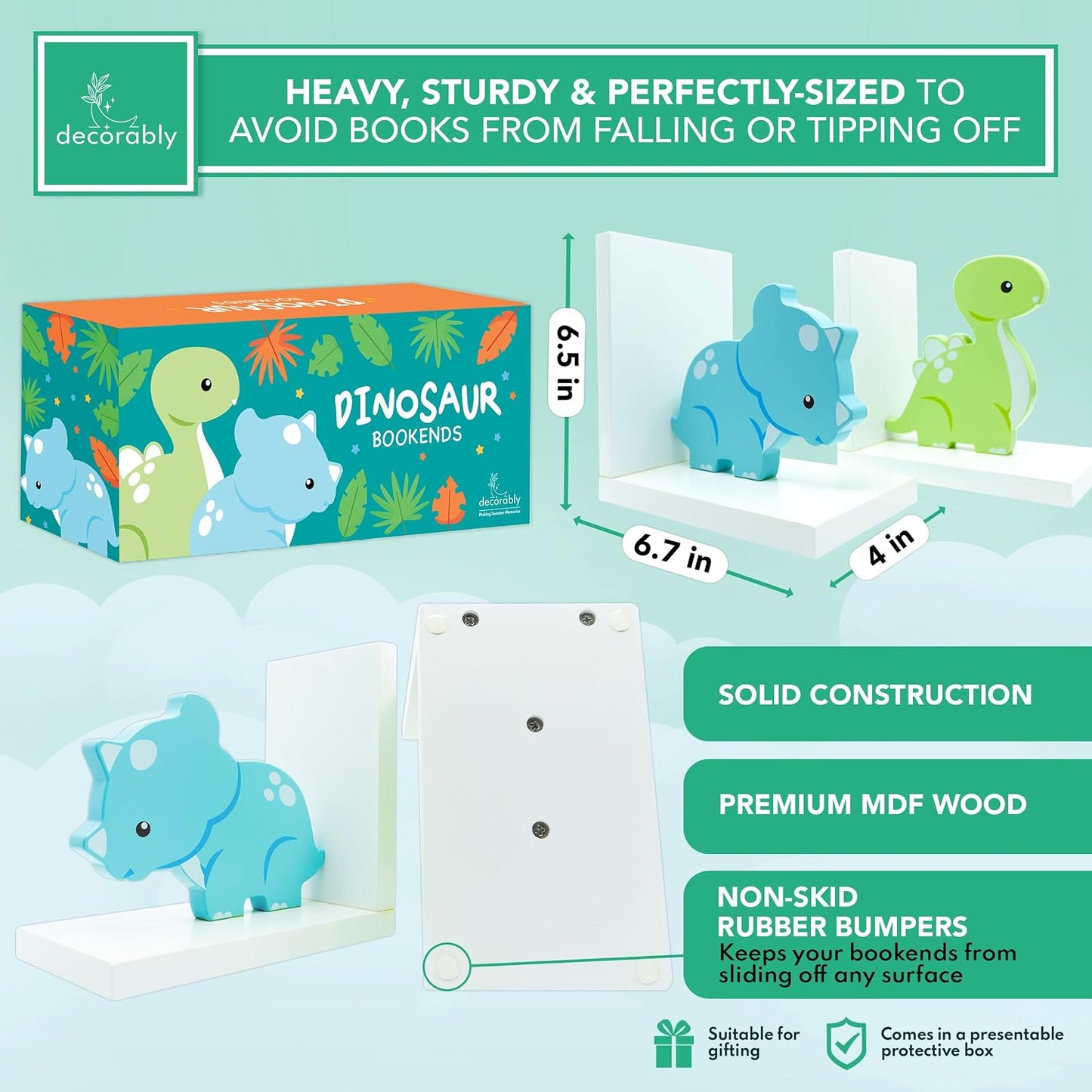2-Piece Non-Skid Wooden Decorative Kids Bookends for Boys and Girls Room / Baby Blue & Green