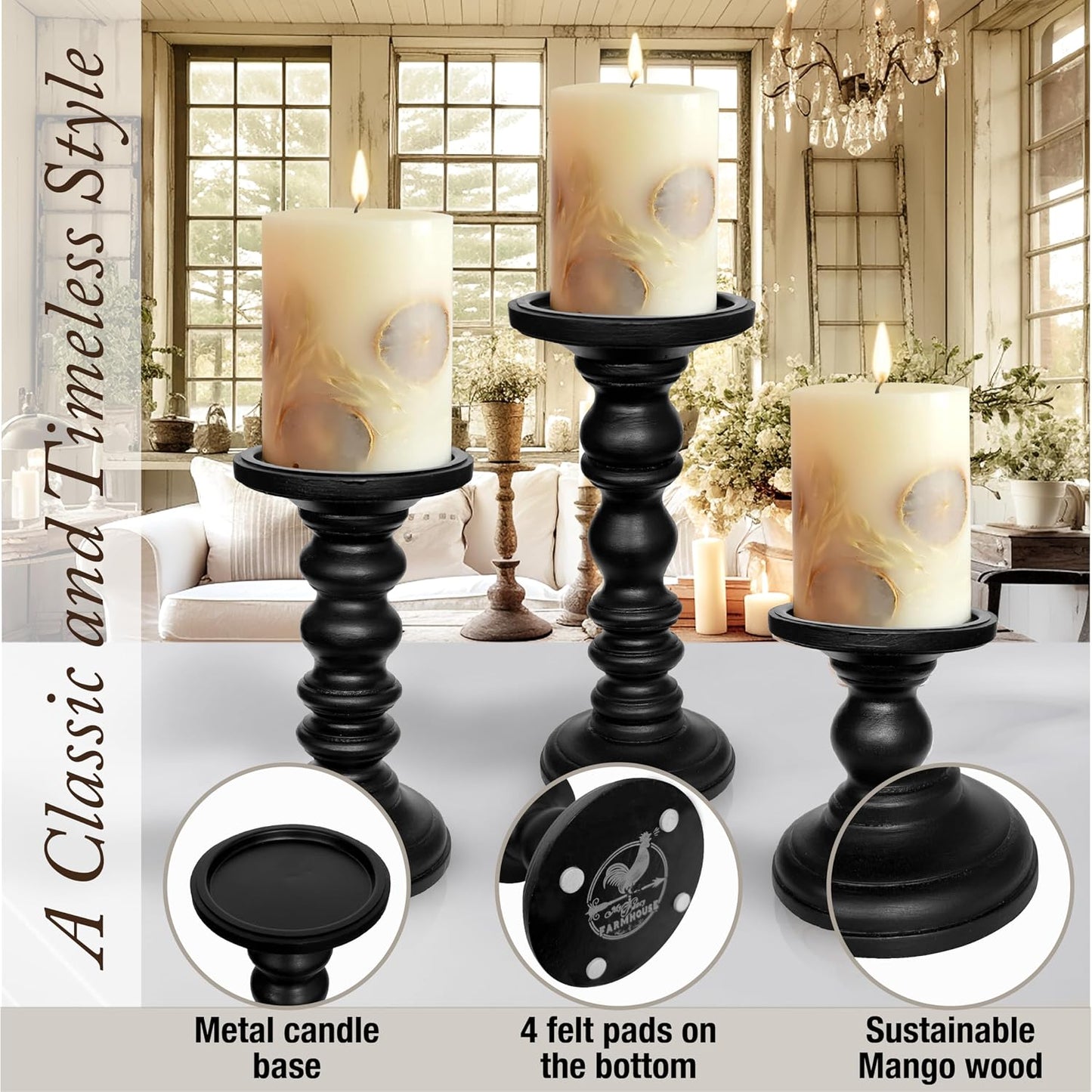 Satin Black Candle Holders for Pillar Candles (Set of 3) Tall Large Rustic Pillar Candlestick Stands - Fits Both 4 inch
