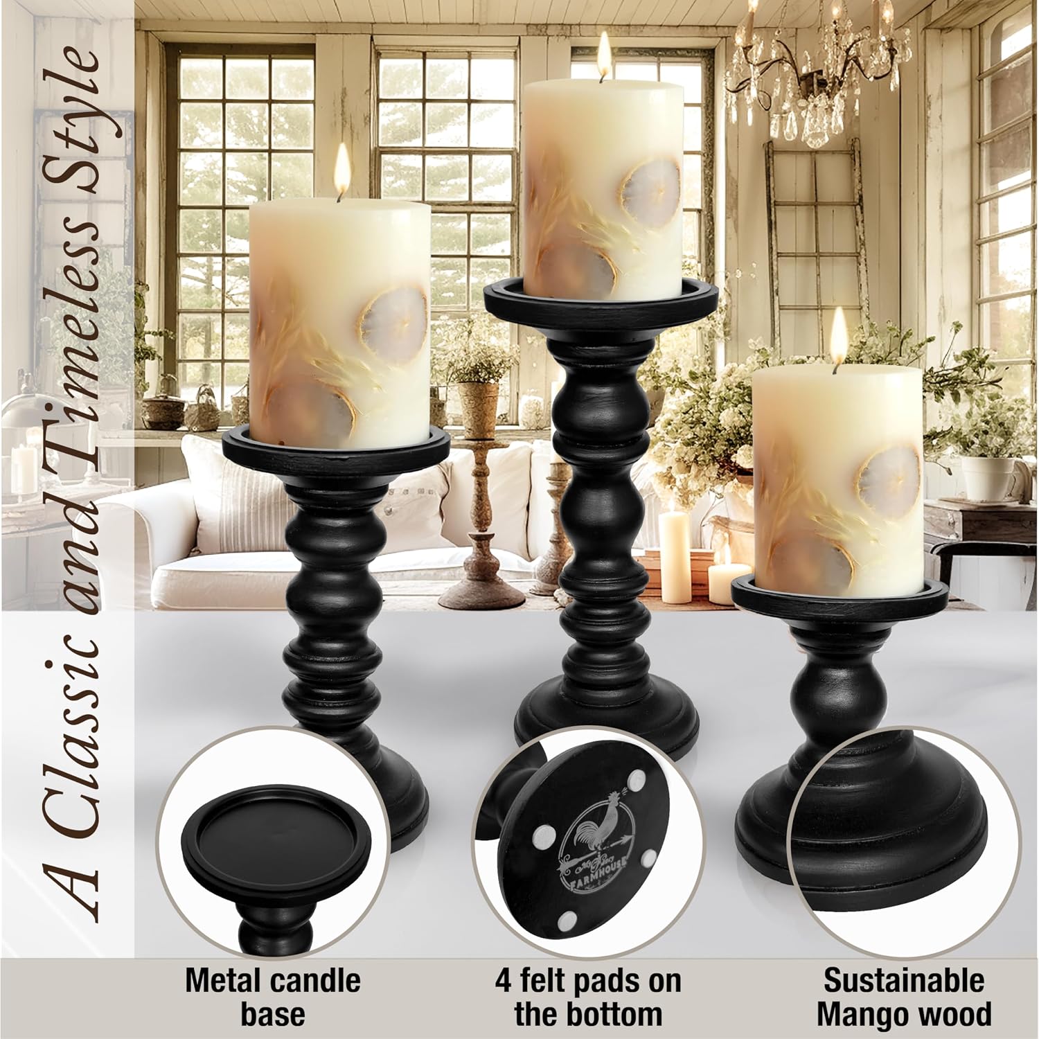 Satin Black Candle Holders for Pillar Candles (Set of 3) Tall Large Rustic Pillar Candlestick Stands - Fits Both 4 inch