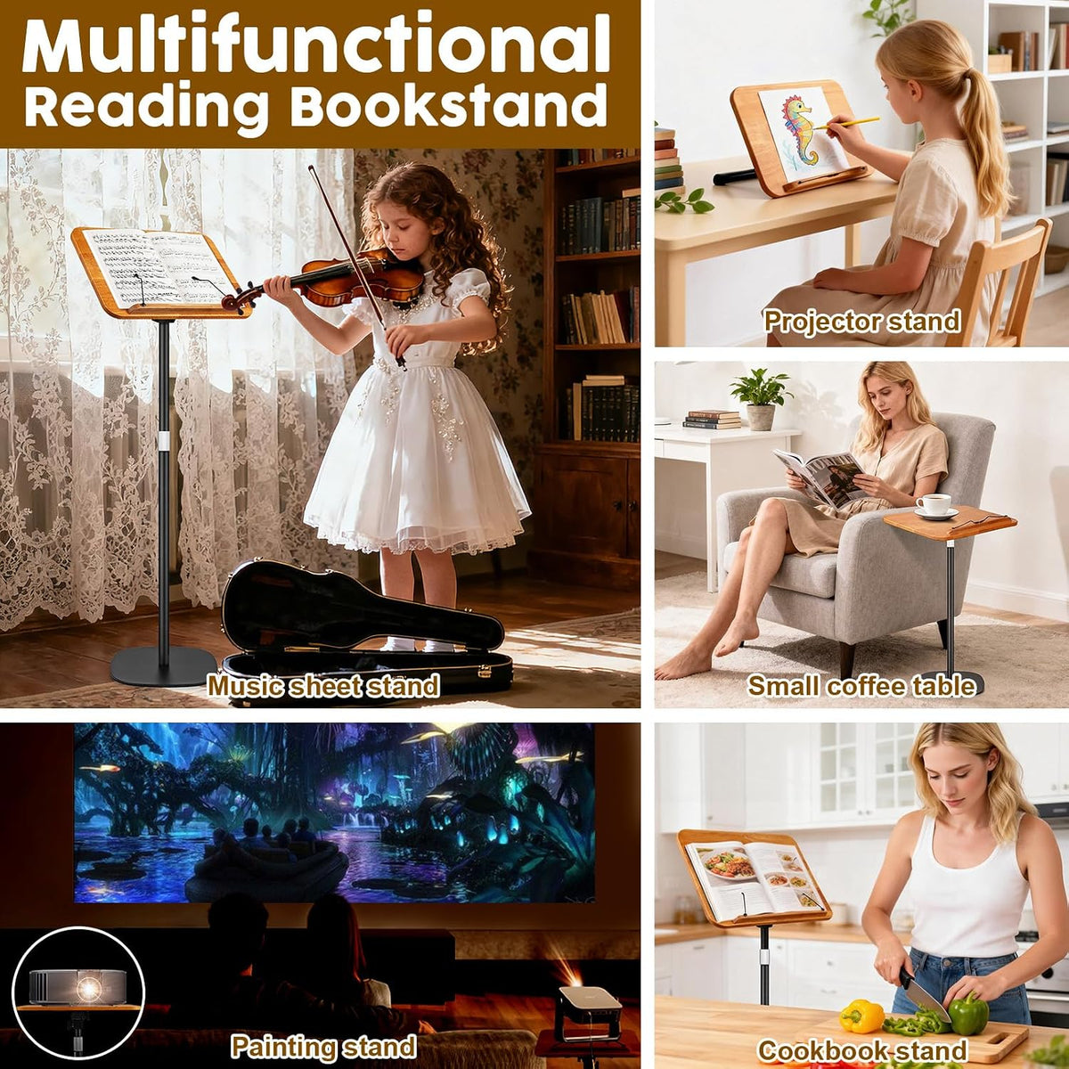 2 in 1 Dual-use Music Stand & Desktop Book Stand, Adjustable Height 16.5"-51", 100% Solid Wood Laptop Floor Stand Book