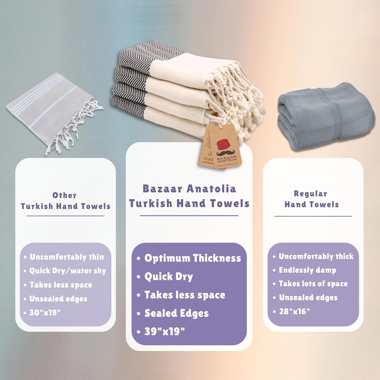Hand Towels - Set of 4 | 39" x 19" - Decorative Turkish Hand Towel for Bathroom, 100% Cotton, Kitchen, Face, Hair, Tea