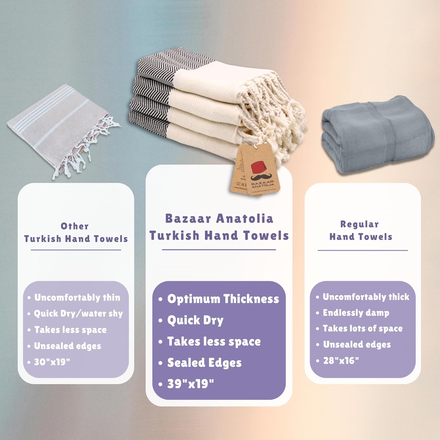 Hand Towels - Set of 4 | 39" x 19" - Decorative Turkish Hand Towel for Bathroom, 100% Cotton, Kitchen, Face, Hair, Tea