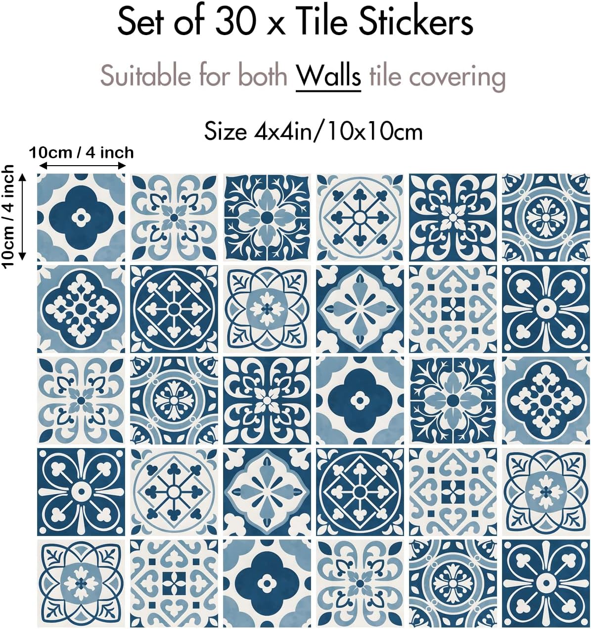 Mediterranean Tile Stickers / Blue / 4 x 4 / Set of 30