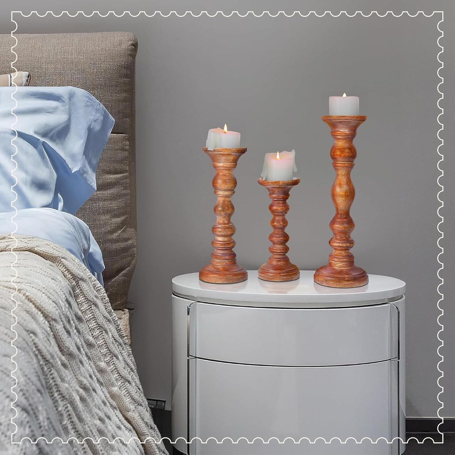 Willow Mango Wood Candle Holders - Medium Polish, Set of 3 | 9”, 12” & 15” hand-carved candle holders for table, mantel