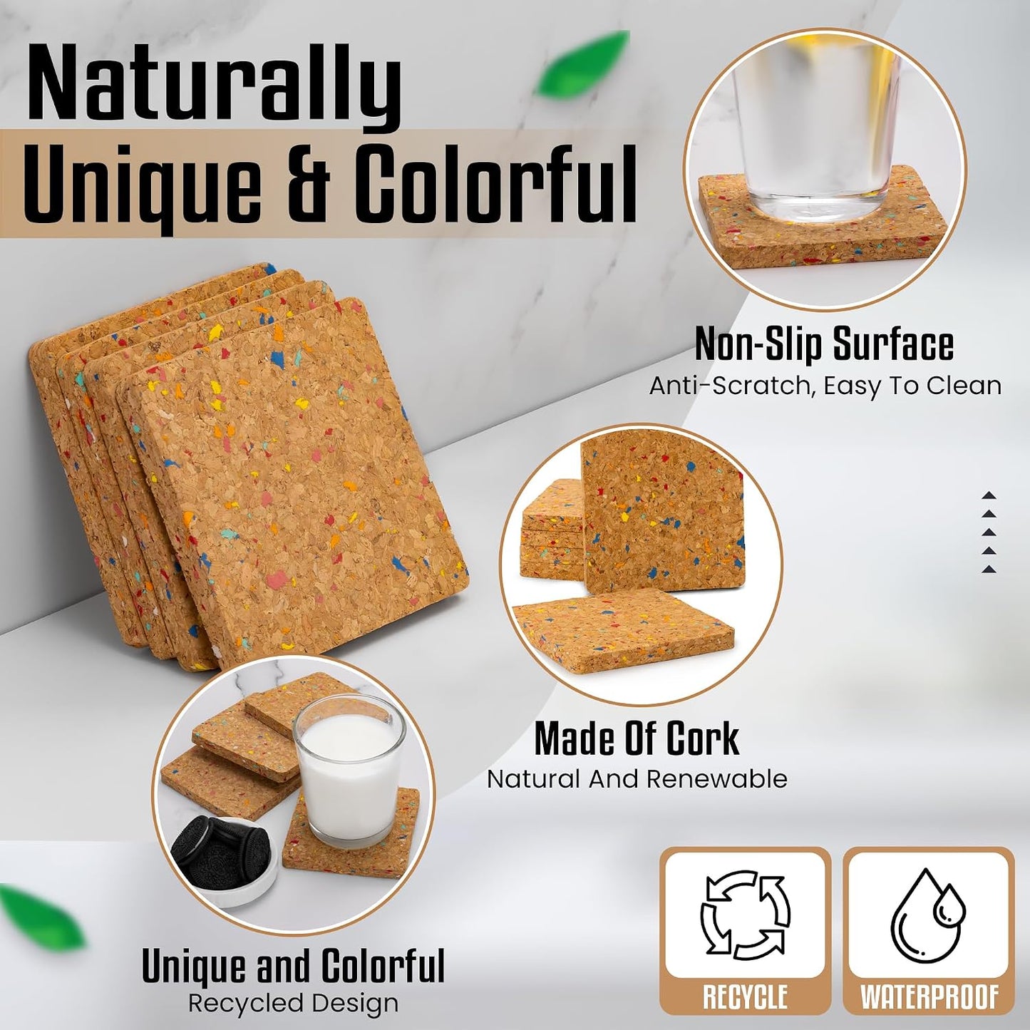 Bleeker & Rowe Recycled Cork Coasters / 4 x 4 / Set of 6