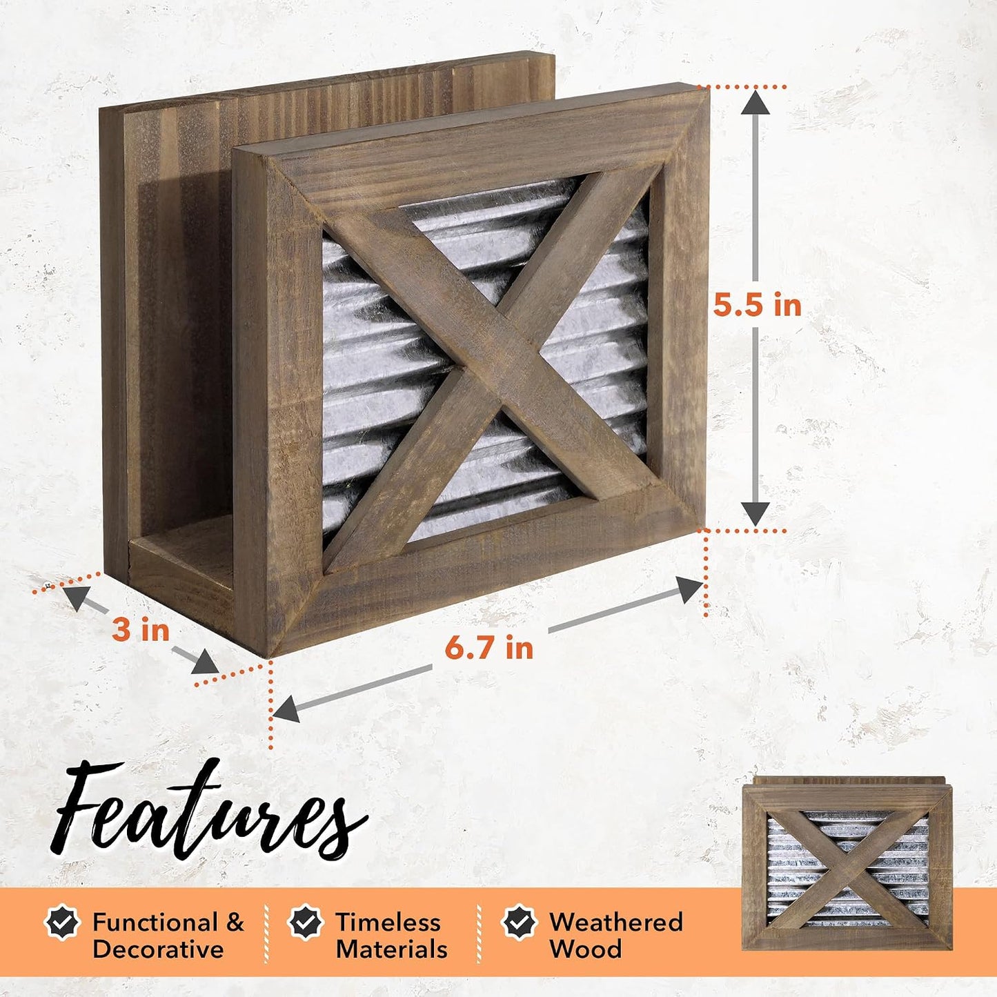 Farmhouse Napkin Holder Wooden- Upright / Brown