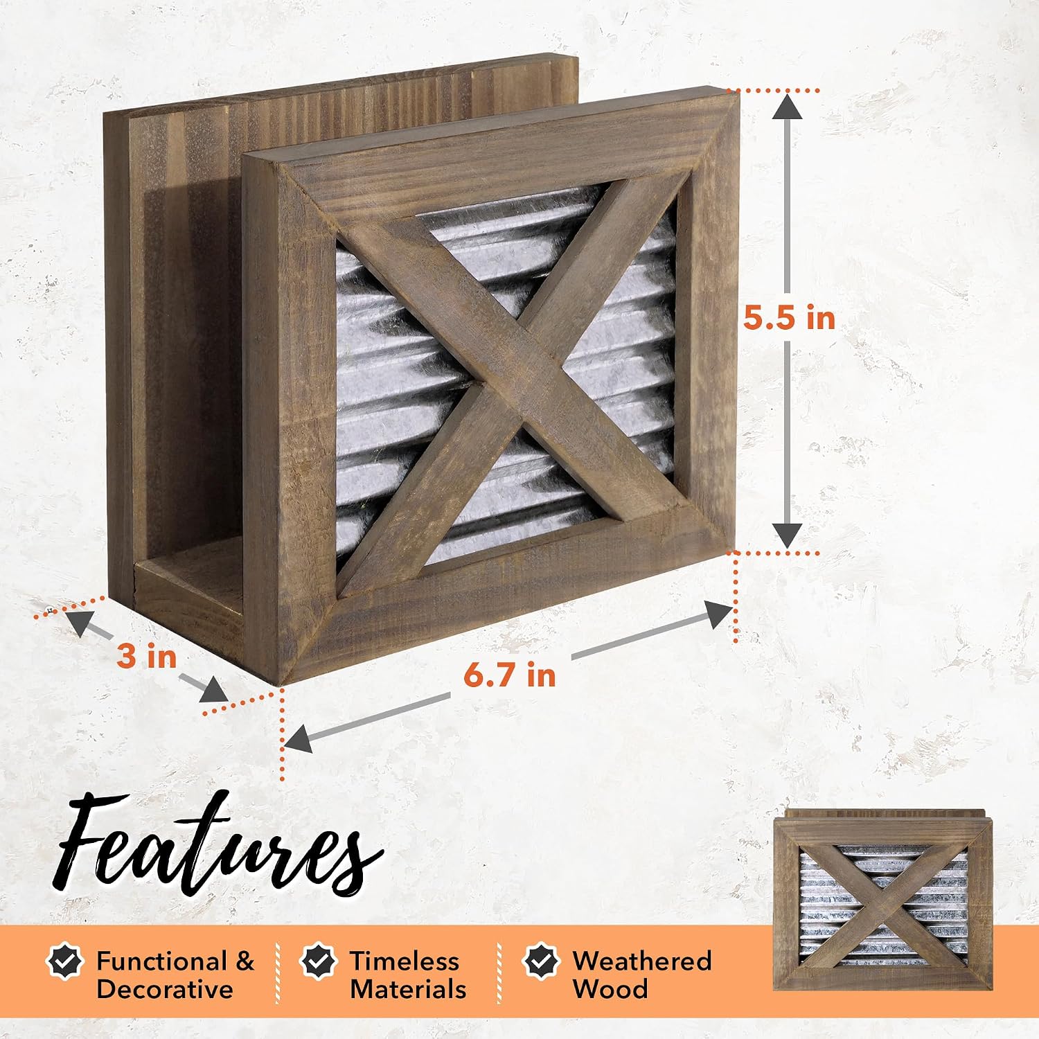 Farmhouse Napkin Holder Wooden- Upright / Brown