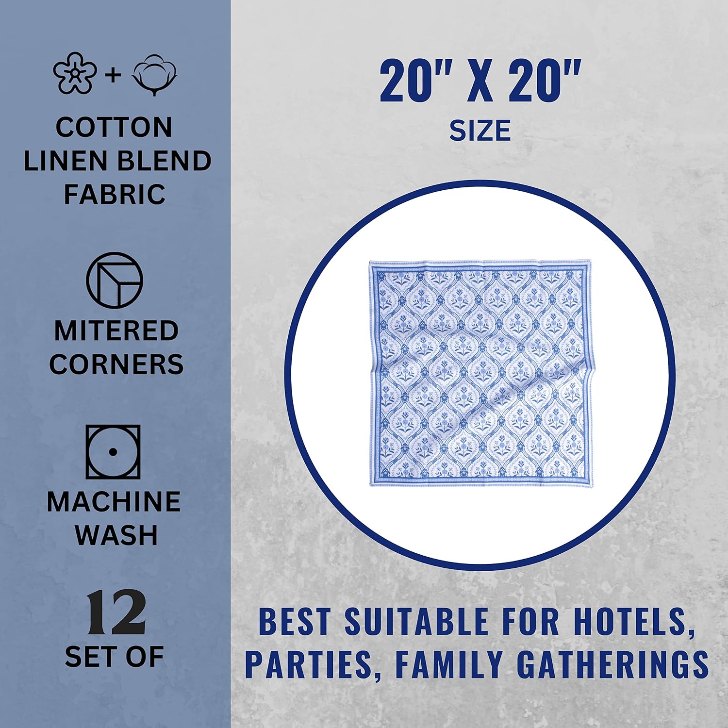 FINGERCRAFT Cloth Napkins Set of 12 Cotton Linen, 20x20 Inch, Damask Blue | Mitered corner, washable, soft, absorbent