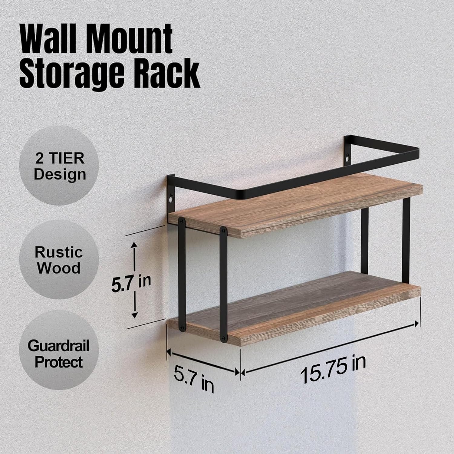 RICHER HOUSE Floating Shelves Bathroom, Wall Mounted Shelf Over Toilet | Dual-Level, with Metal Guard-Rail, Organizers