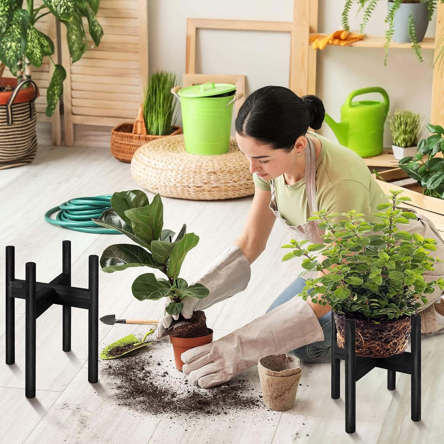 2 Pack Bamboo Plant Stands, Adjustable Plant Stand Indoor | Mid Century Modern Plant Stand, Plant Holder for Living