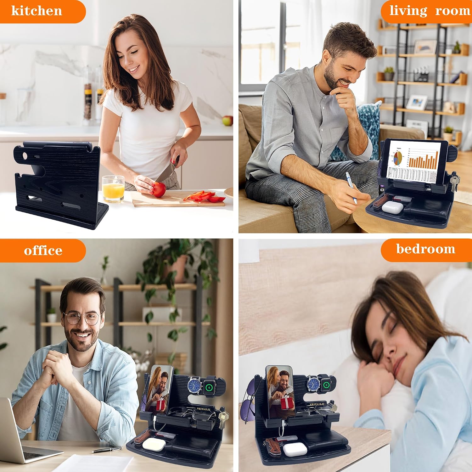 Gifts for Men Dad Women Husband Boyfriend Him Nightstand Organizer for Men Wood Phone / Black