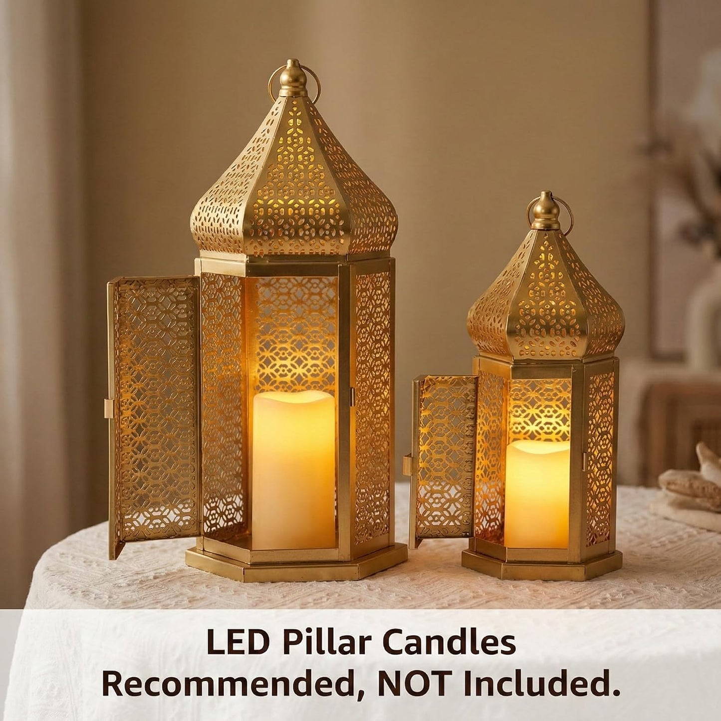 Vela Lanterns Decorative Indoor Gold Moroccan Temple Lanterns, Set of 2 | Ramadan Decorations for Home, Eid Islamic