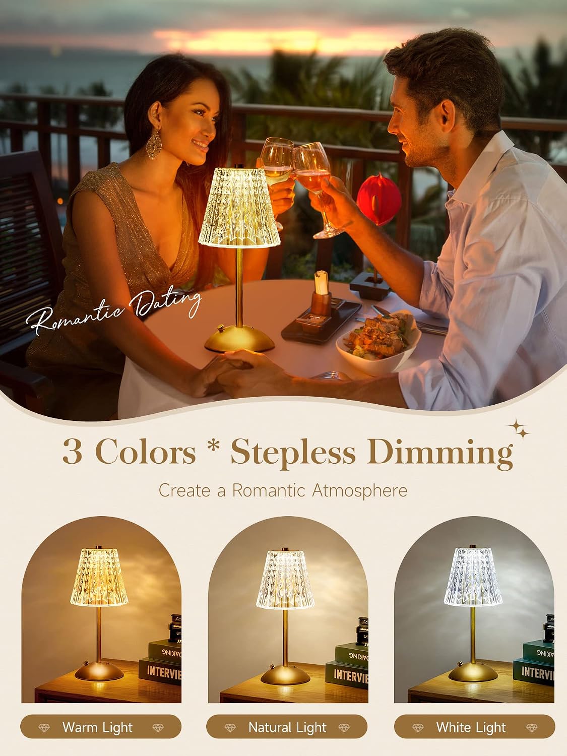 【3200mAh】Brass Table Lamp, 3 Colors+Dimmable+Touch Crystal Lamp LED Gold Lamp, Mood Lighting Mood Light, Brass Decor