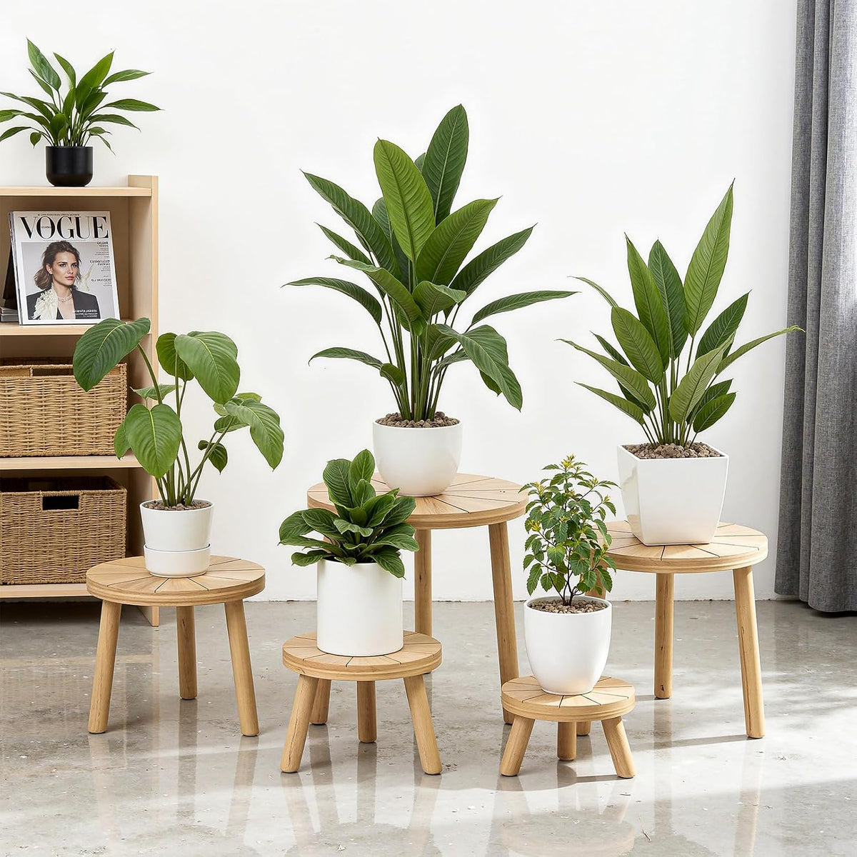 Wood Plant Stands 5-Pack Indoor, Plant Stool, Light Brown | Premium carbonized pine with moisture-resistant, burr-free