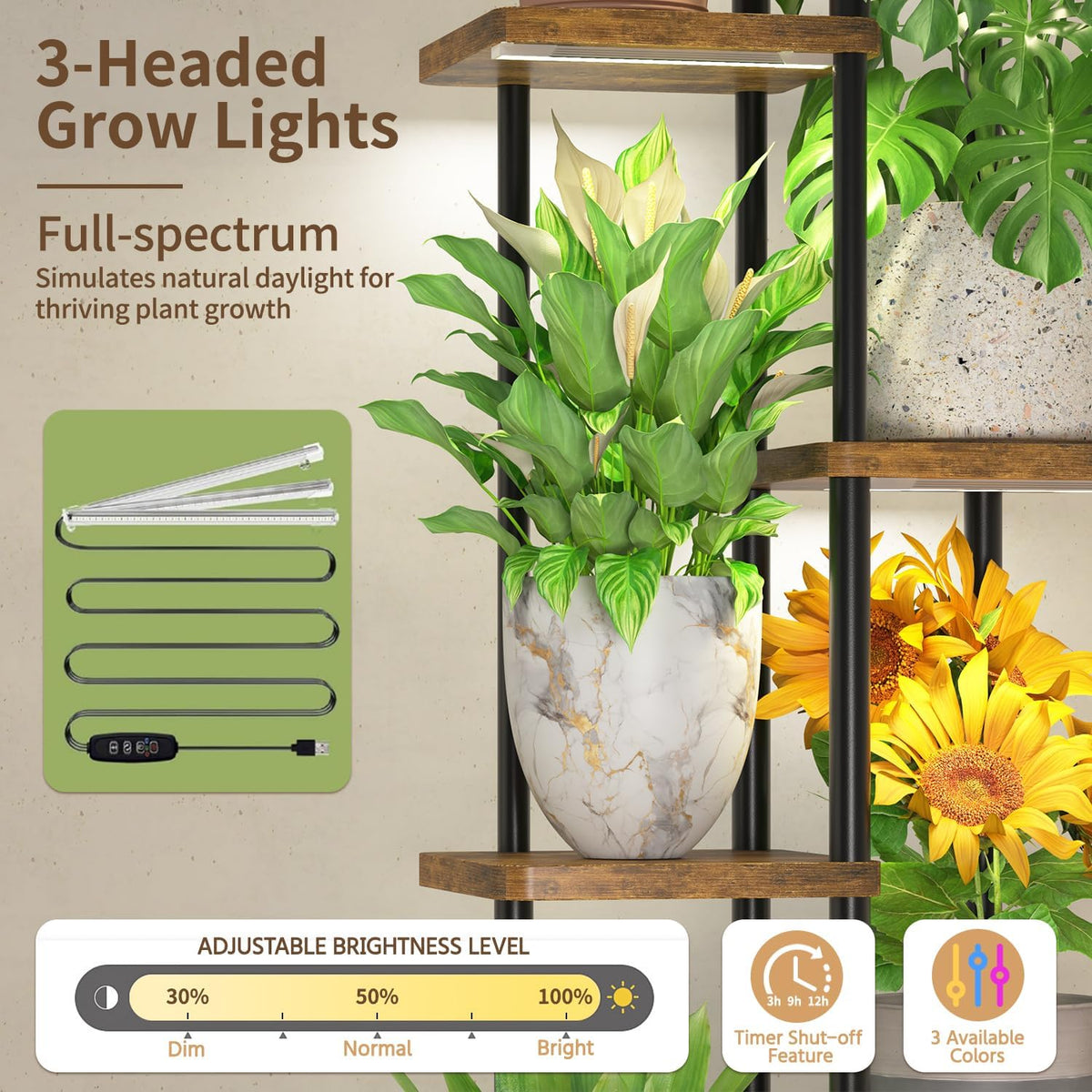 LASZOLA Plant Stand Tall for Indoor Corner with Light, 6 Tier Wood Brown | Heavy Duty Multi Level Vertical Flower Shelf