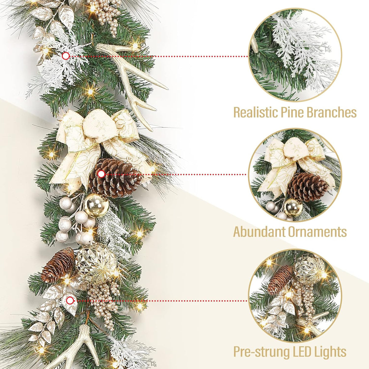 Garvee 6 Feet Christmas Garland with Lights for Mantle, Battery Operated Outdoor Christmas Garlands with Antlers Gold