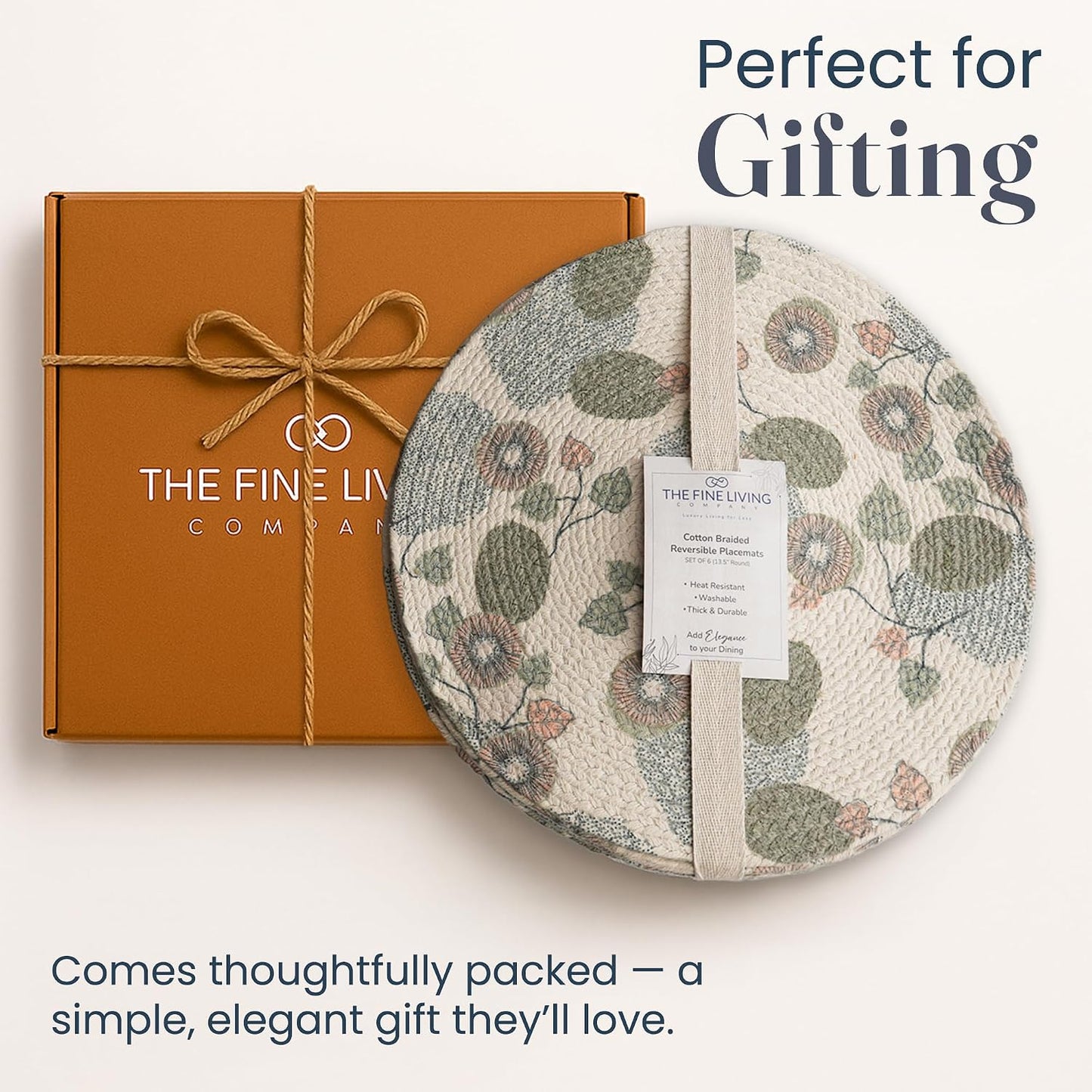 The Fine Living Braided Cotton Placemats, Round Table Mats, Set of 6,13.5" | Washable Anti-Slip Heat Resistant Braided