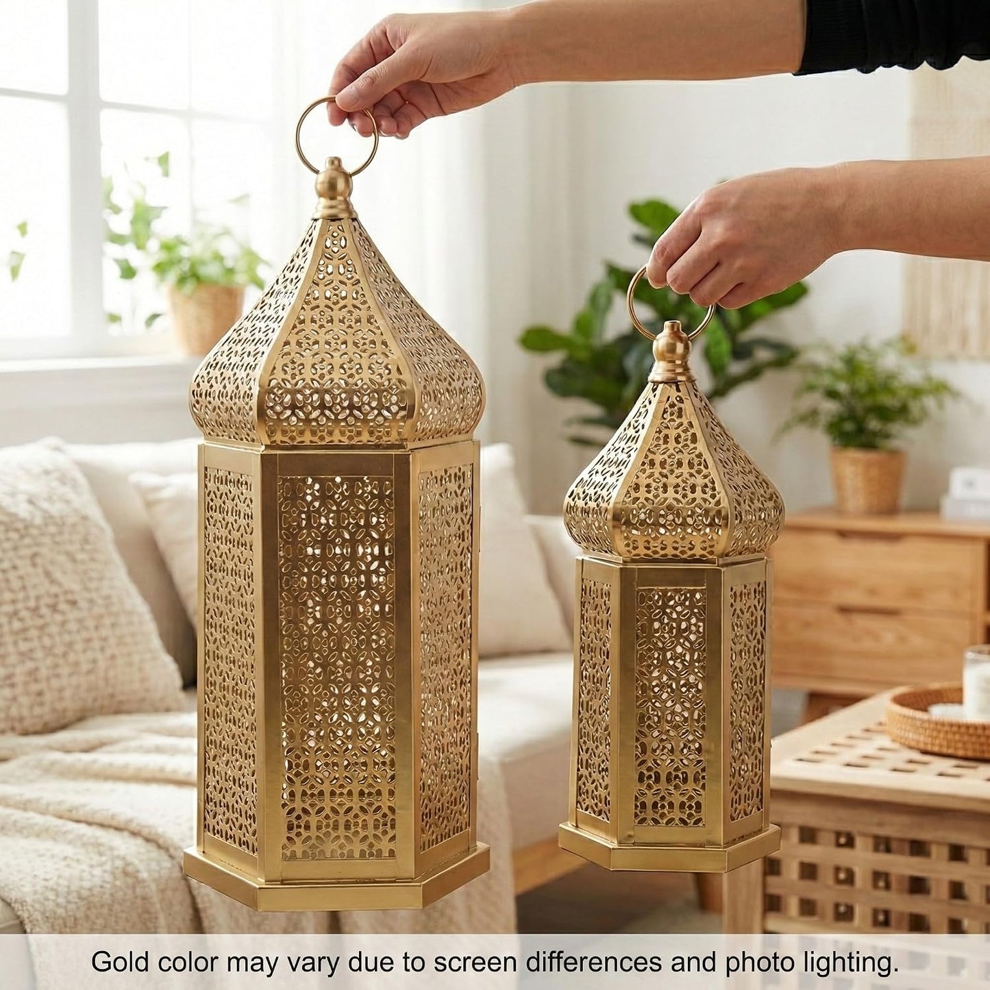 Vela Lanterns Decorative Indoor Gold Moroccan Temple Lanterns, Set of 2 | Ramadan Decorations for Home, Eid Islamic