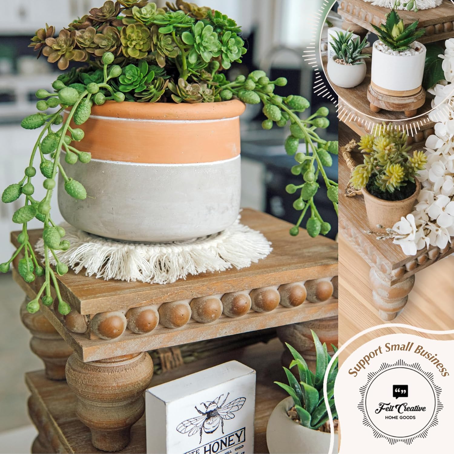 Wooden Riser [Set of 3] Premium Farmhouse Risers | Beaded Wood Risers for Display | Handmade Wooden Risers for Decor