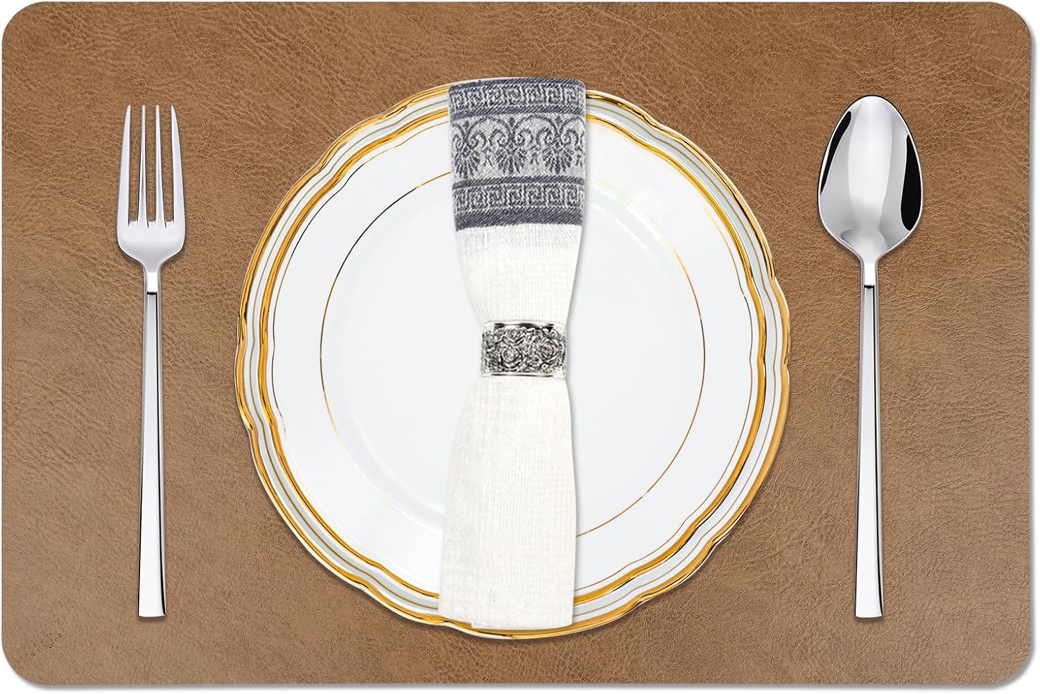Cowhide Pattern Faux Leather Placemats Set of 6,Heat Resistant Non-Slip Waterproof Wipeable Washable Kitchen Dining PU