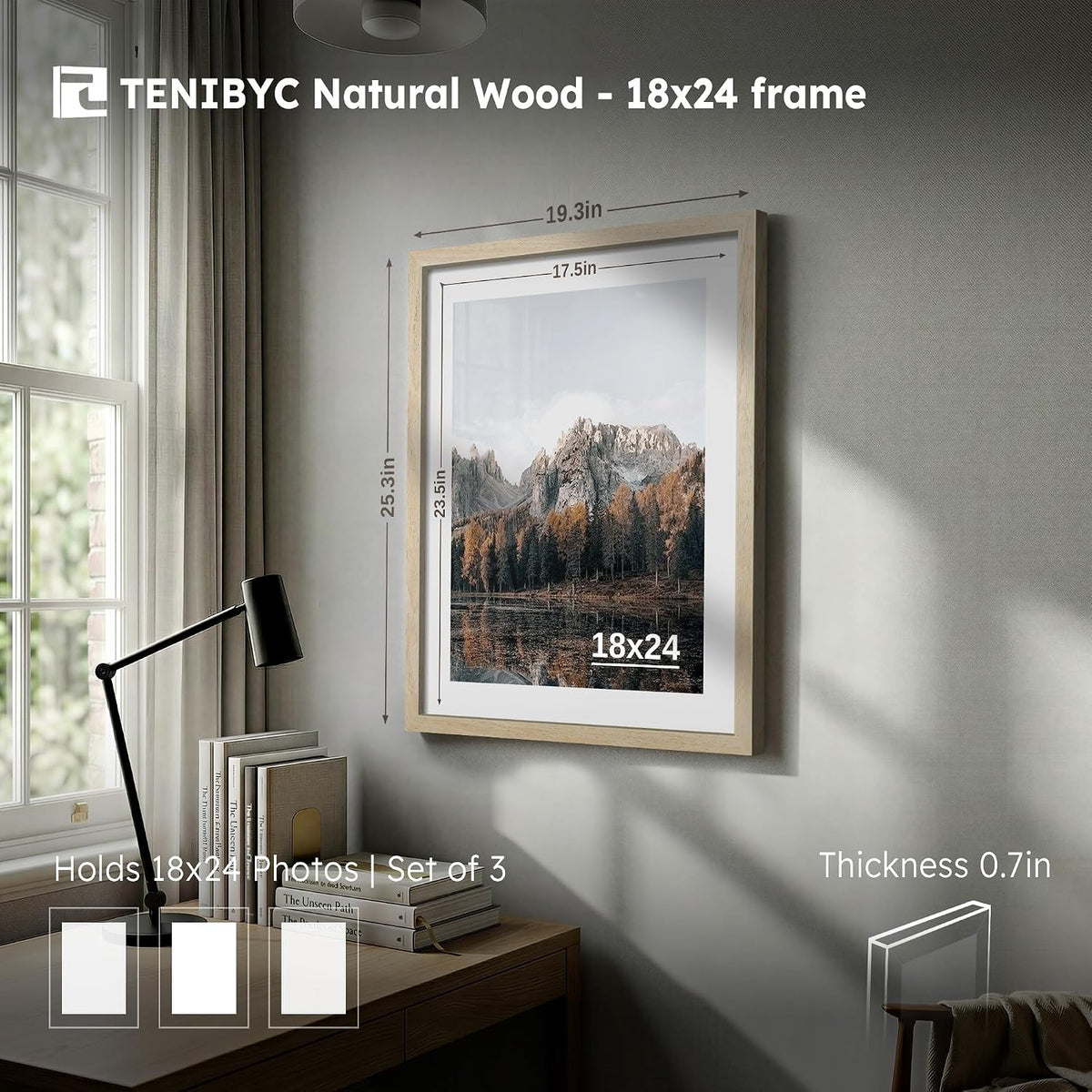 18x24 Poster Frame, Natural Wood, 3 Pack, Wall Hanging for Picture | Thick Polished Plexiglass, Large Movie Poster