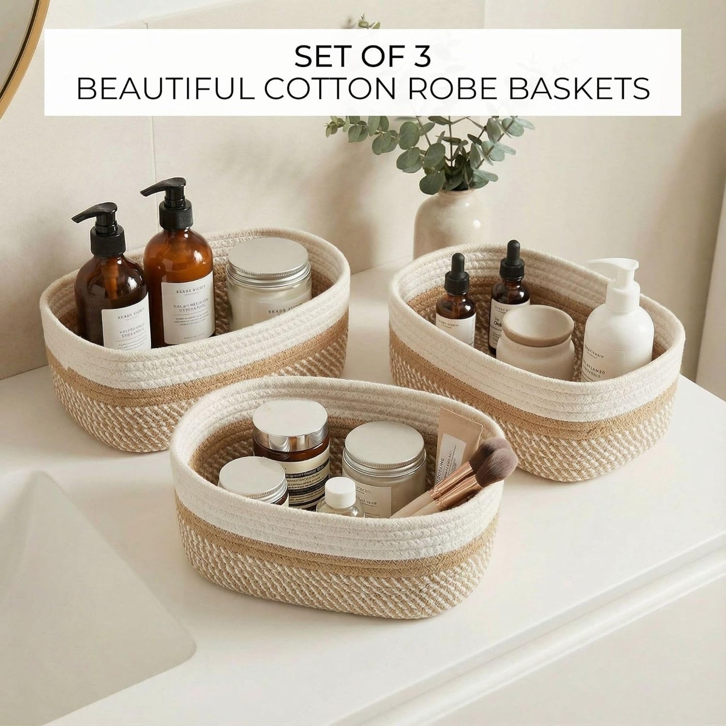 Storage Basket / Sturdy Jute Rope Baskets / Beige-brown / Set of 3
