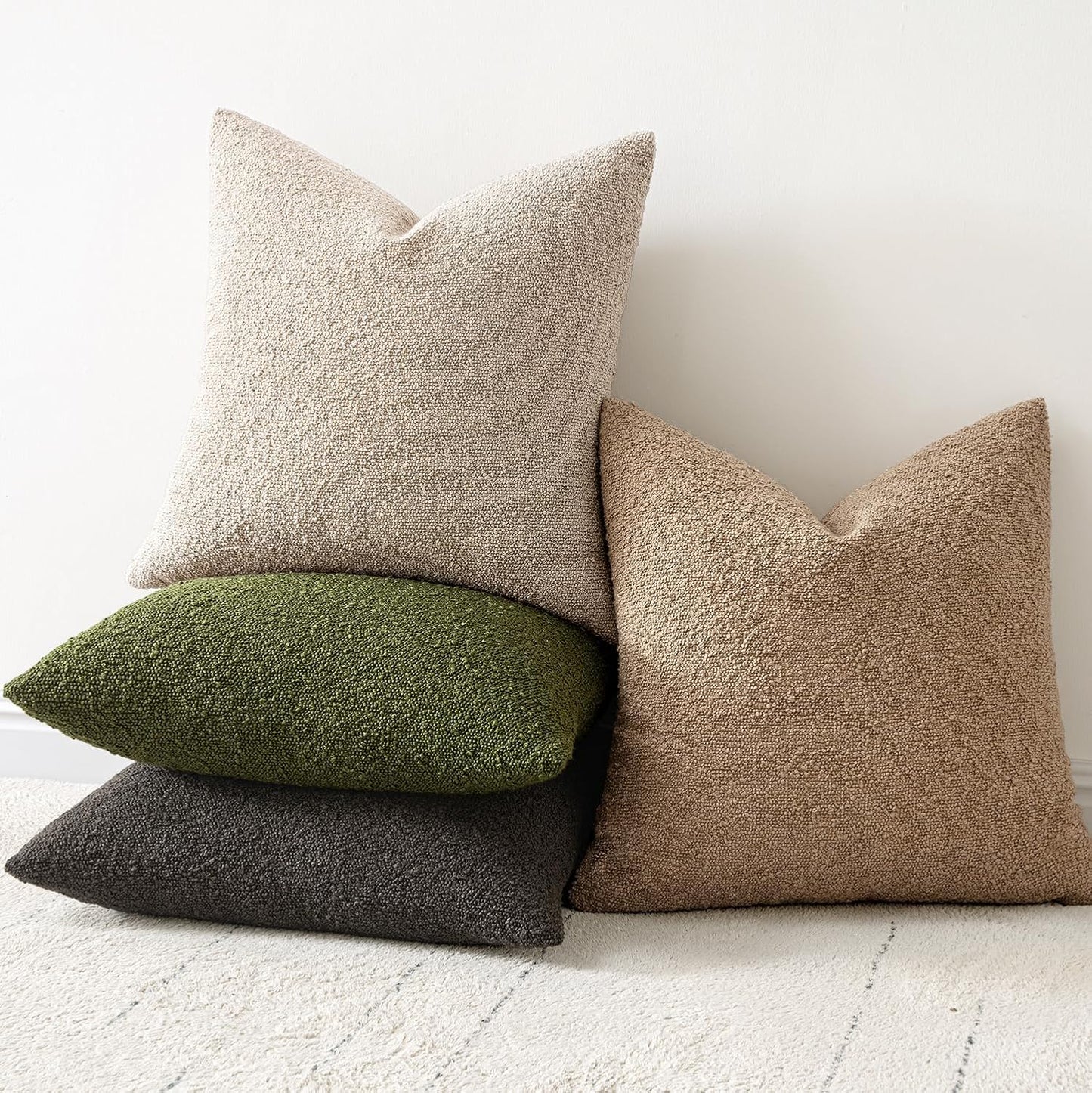 Decorative Boucle Throw Pillow Covers Textured Square Pillowcaes Accent / 18 x 18 / Khaki / Set of 2
