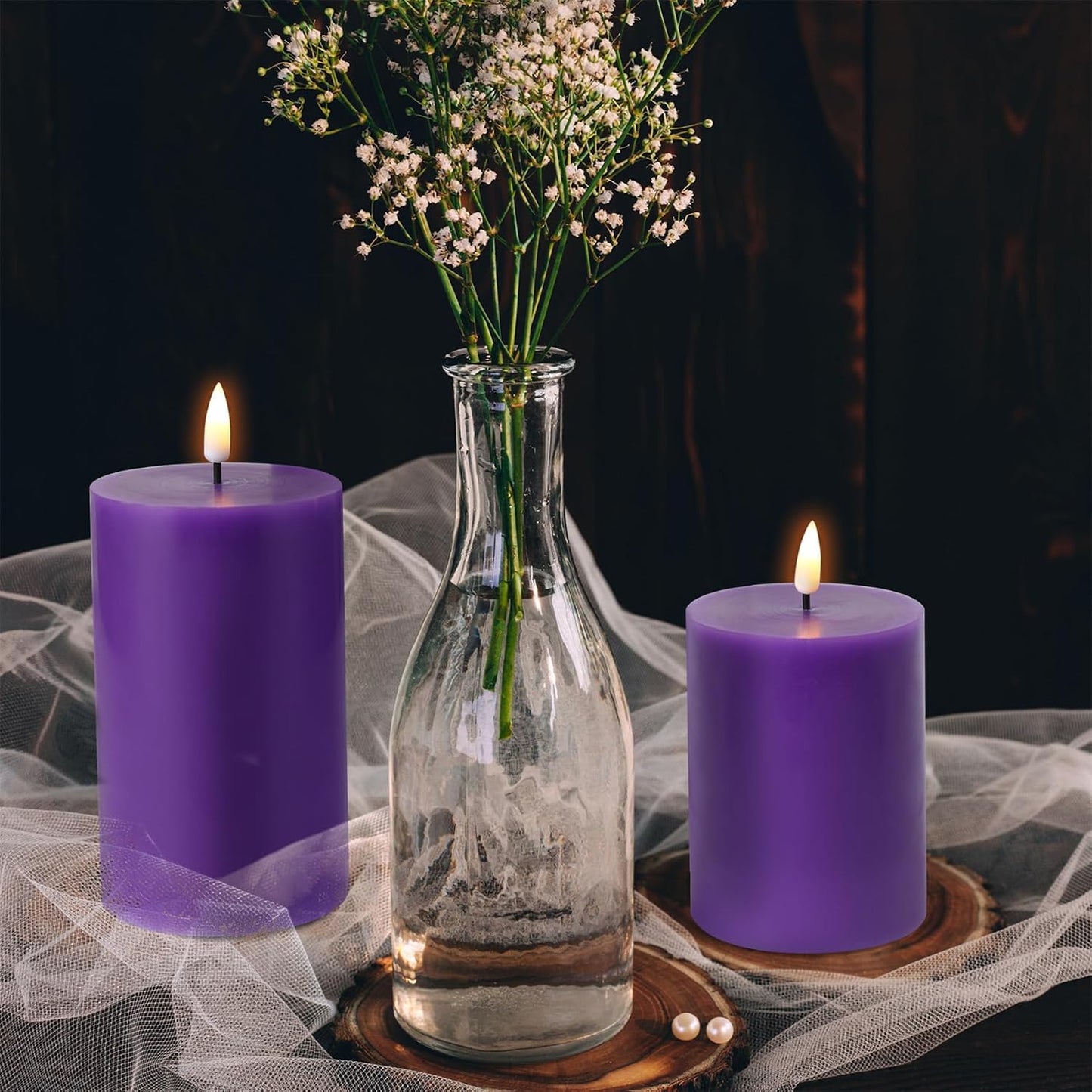 Purple Flameless Pillar Candles with Remote Set of 3 | Flickering LED Candles, 2 AA Battery Power, Flat Top Real Wax