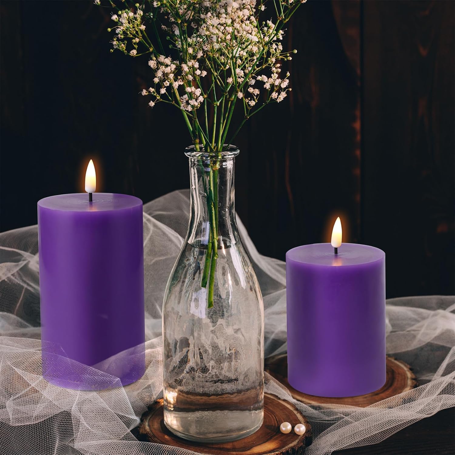 Purple Flameless Pillar Candles with Remote Set of 3 | Flickering LED Candles, 2 AA Battery Power, Flat Top Real Wax