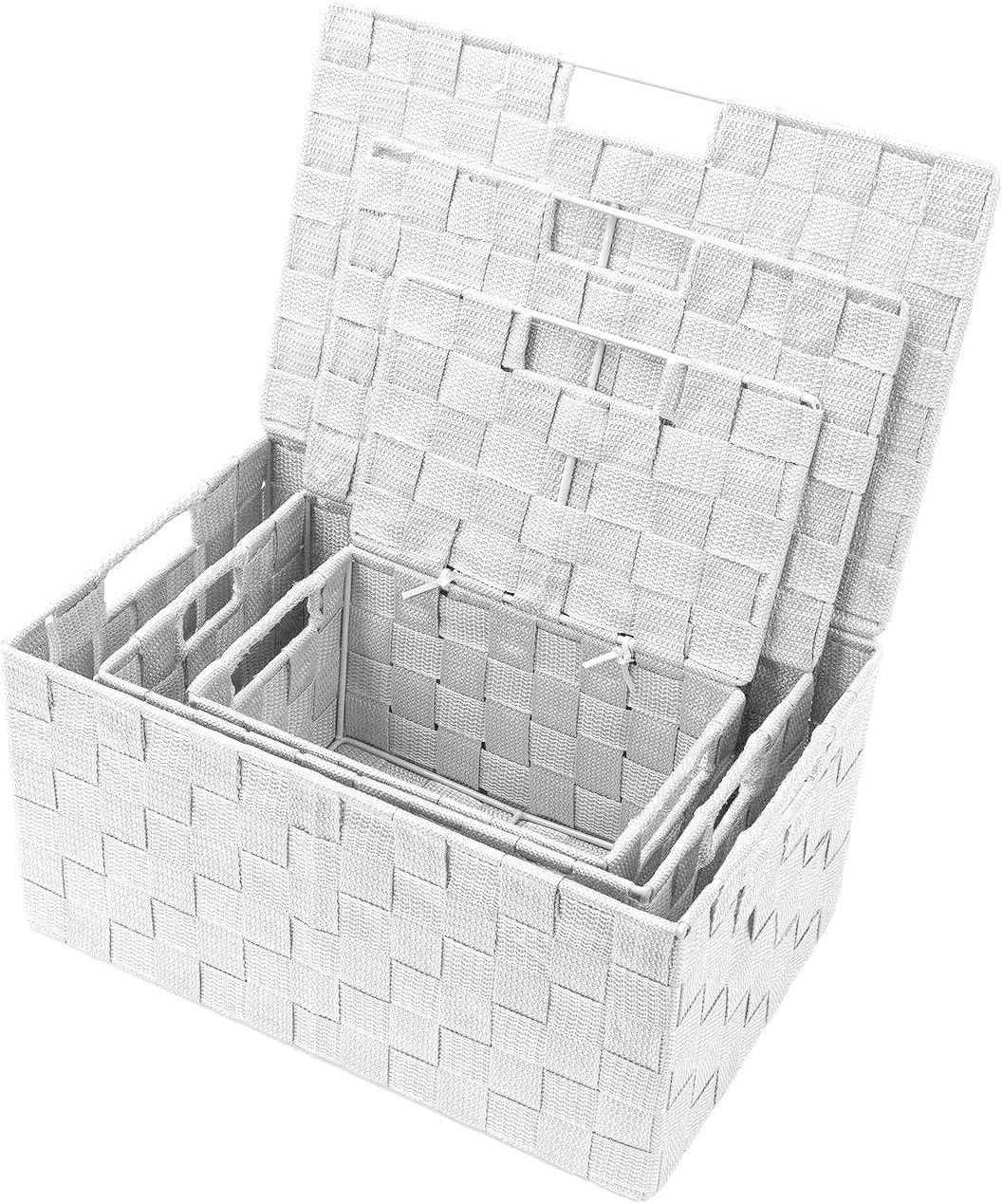Hand-Woven Storage Baskets / Lid Bins / White / Set of 3