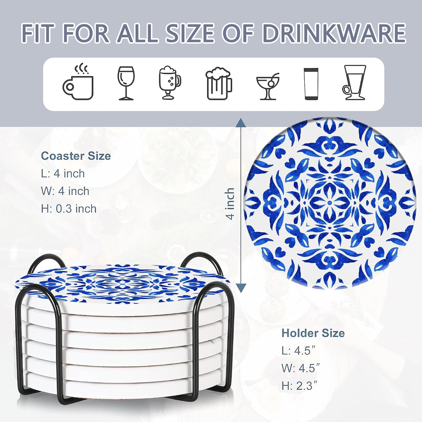 Holder / Absorbent Ceramic Coasters / Handpainted Blue Pattern / Set of 6