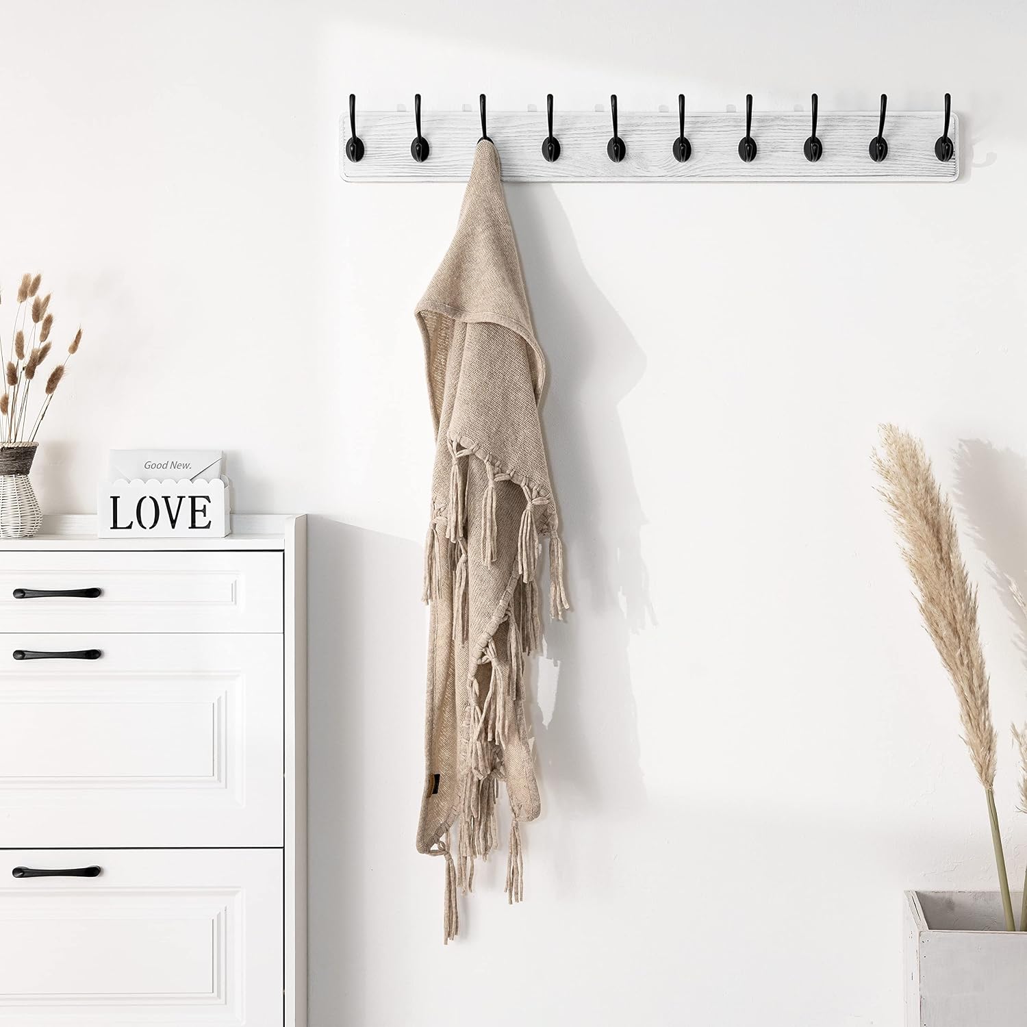 SKOLOO Rustic Wall Mounted Coat Rack, Case of 2, Pine Solid Wood Coat Hook Hanger - 10 Hooks for Hanging Clothes Robes
