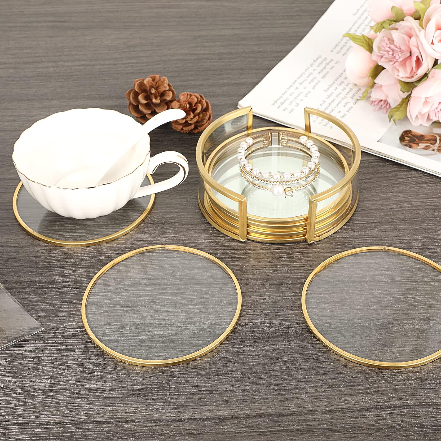 Holder / Golden Brass Coasters for Drinks Glass Cup Coaster Set Modern Coaster / Round / Set of 8