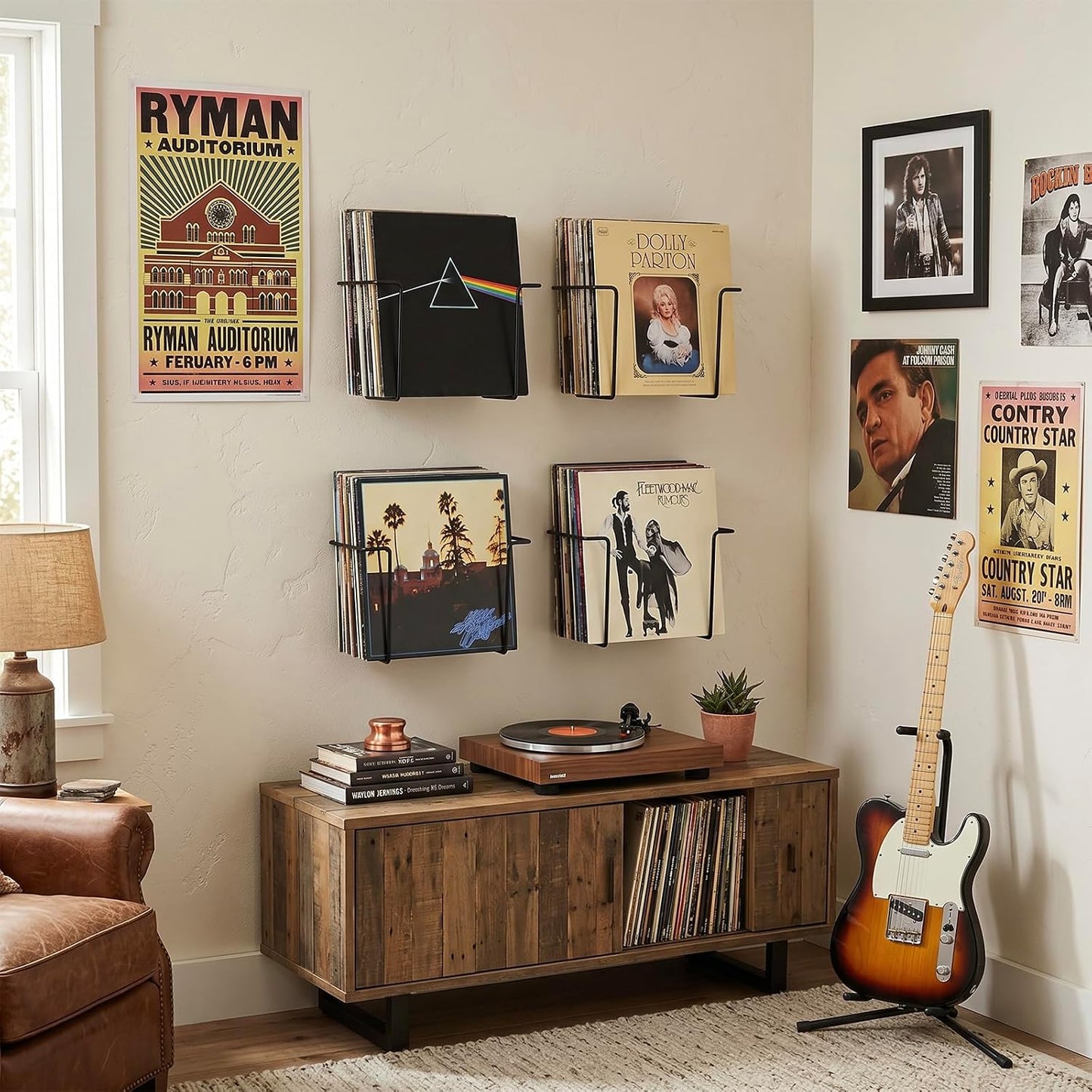 MyGift Set of 4 Black Metal Wire Vinyl Record Display Shelves, Wall Mount | Showcase favorite LPs with four black metal