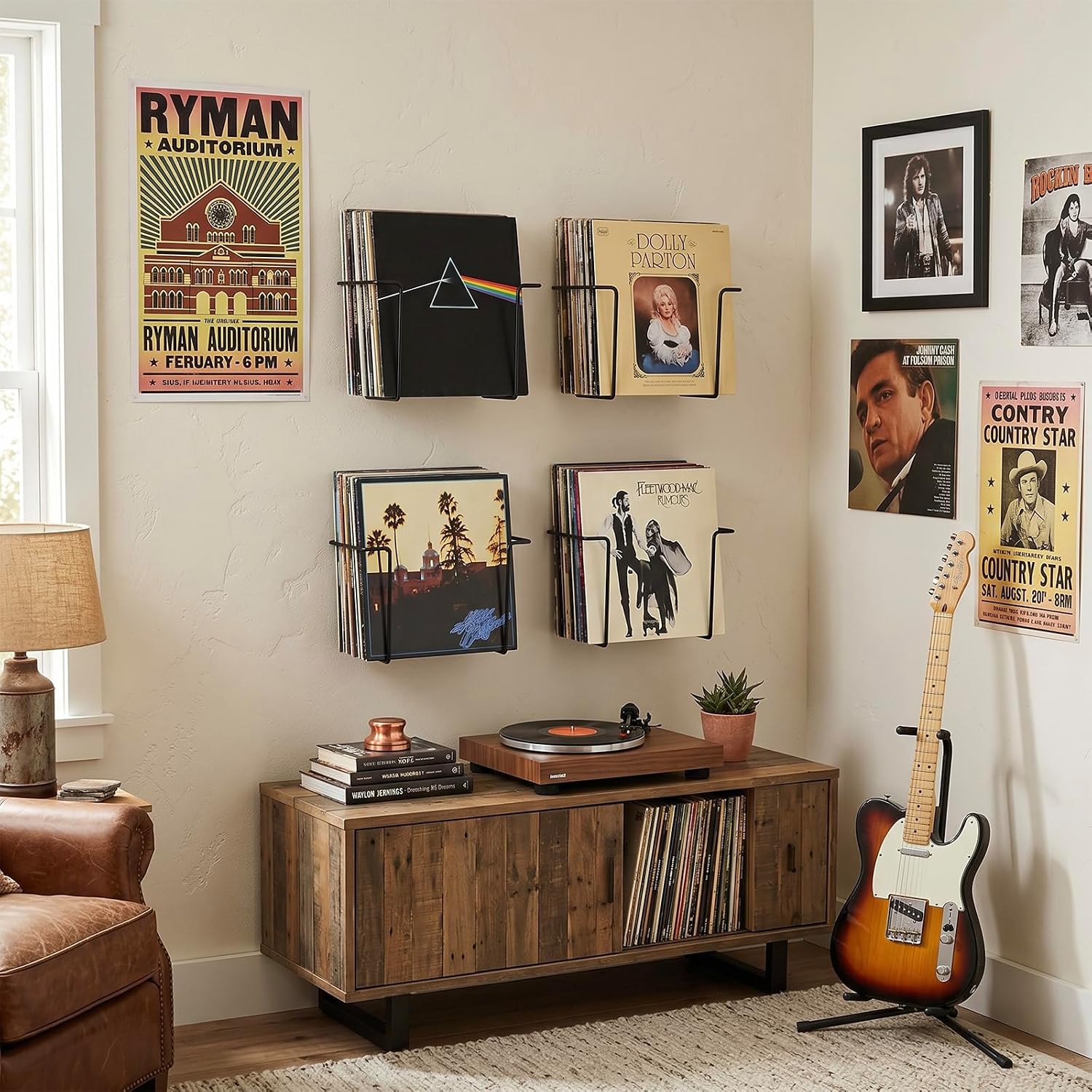 MyGift Set of 4 Black Metal Wire Vinyl Record Display Shelves, Wall Mount | Showcase favorite LPs with four black metal