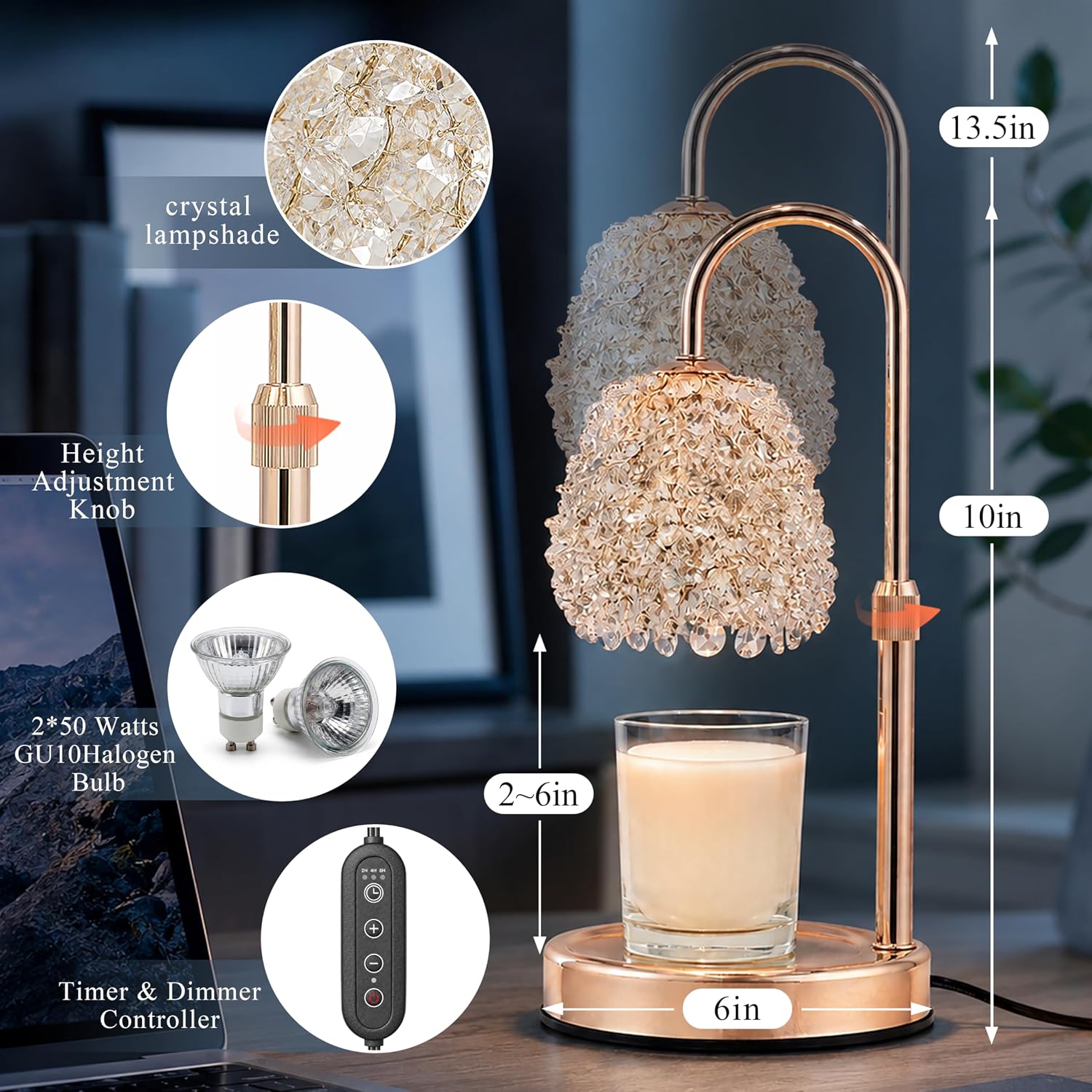 Crystal Candle Warmer Lamp with Timer, Adjustable Height, Dimmable | Hand-Embedded Glass Crystal Lampshade, Electric