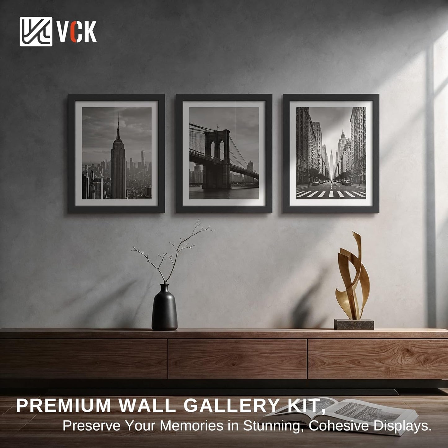 VCK 12x18 Frames 3 Pack, Black Poster Frame MDF Wood with Polished Plexiglass, Wall Mounting Horizontal & Vertical