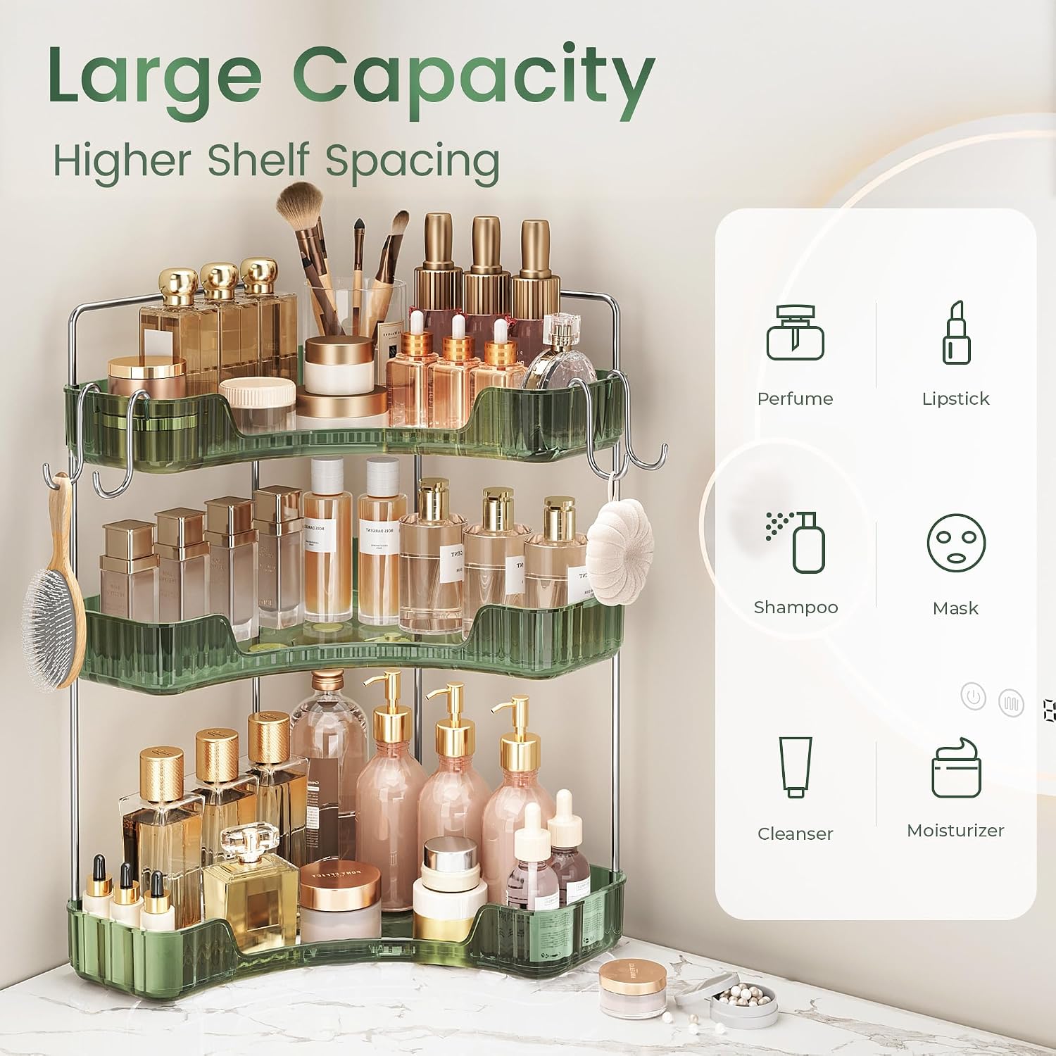 3-Tier Green Corner Organizer, PET Counter Storage with Hooks | Multi-Surface Organizer for Bathroom Vanity & Kitchen