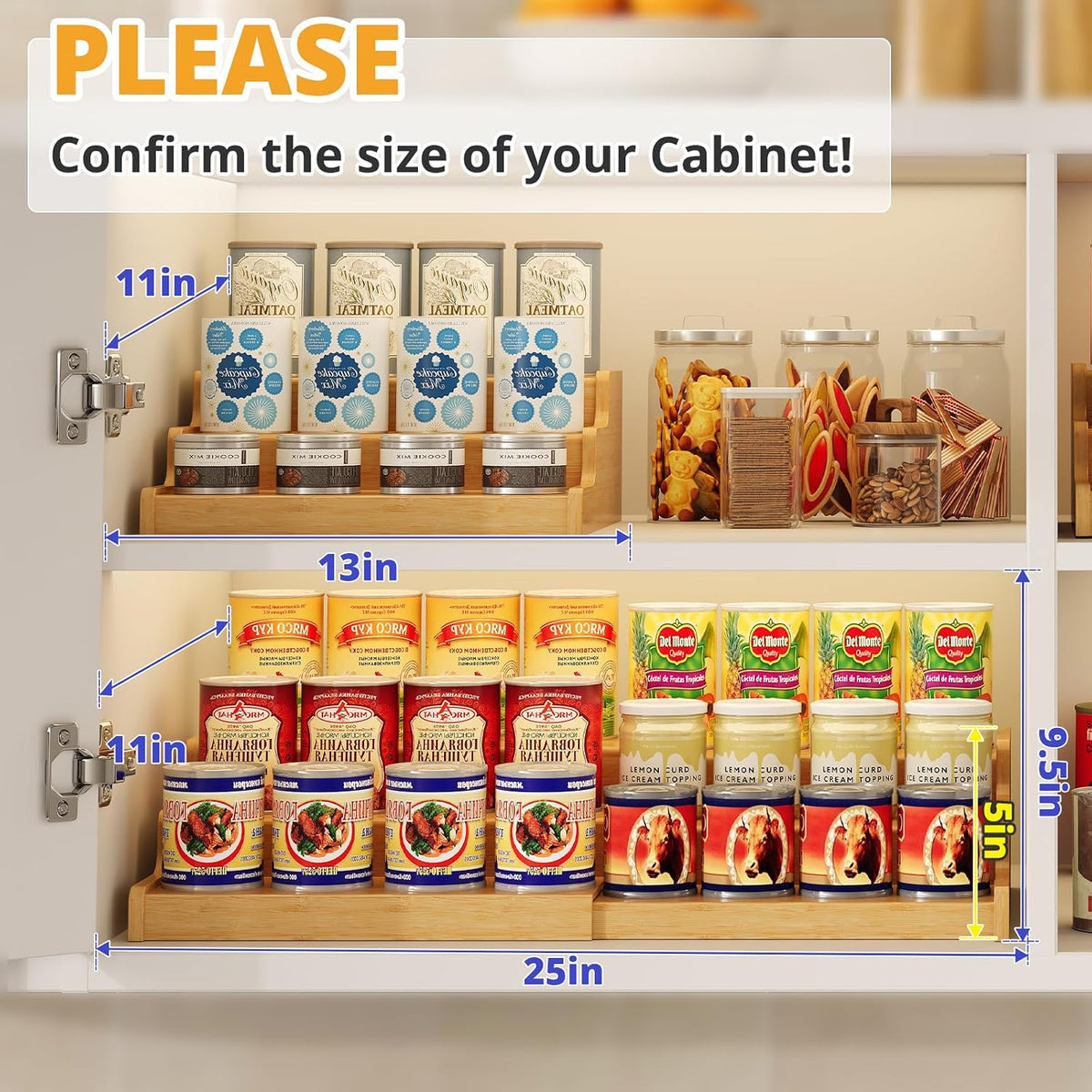 Expandable Bamboo Can Display Organizer for Pantry, 3-Tier Can Storage | Easy-Access Adjustable Can Shelf for Cabinets